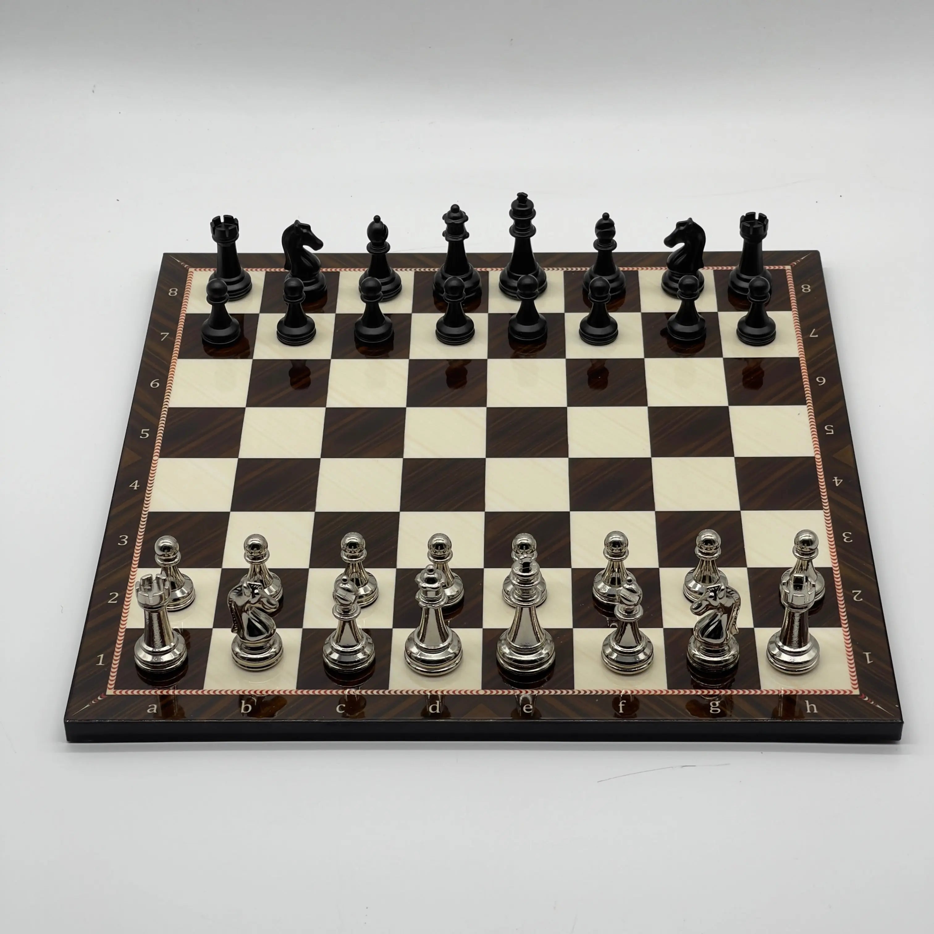 16.5" Walnut Marble Pattern Folding Chess Board With Classic Matte Metal Chess Pieces