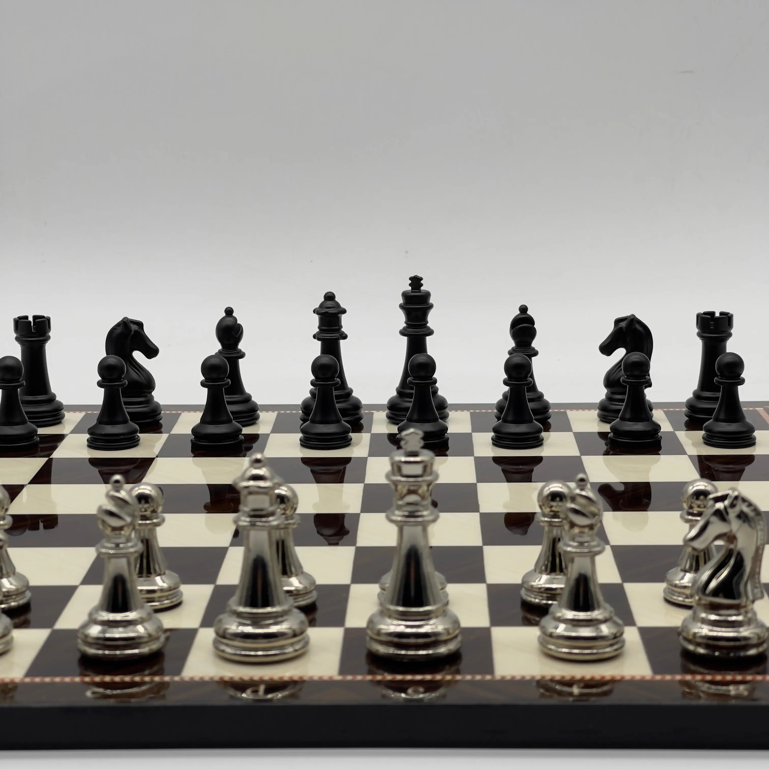 16.5" Walnut Marble Pattern Folding Chess Board With Classic Matte Metal Chess Pieces