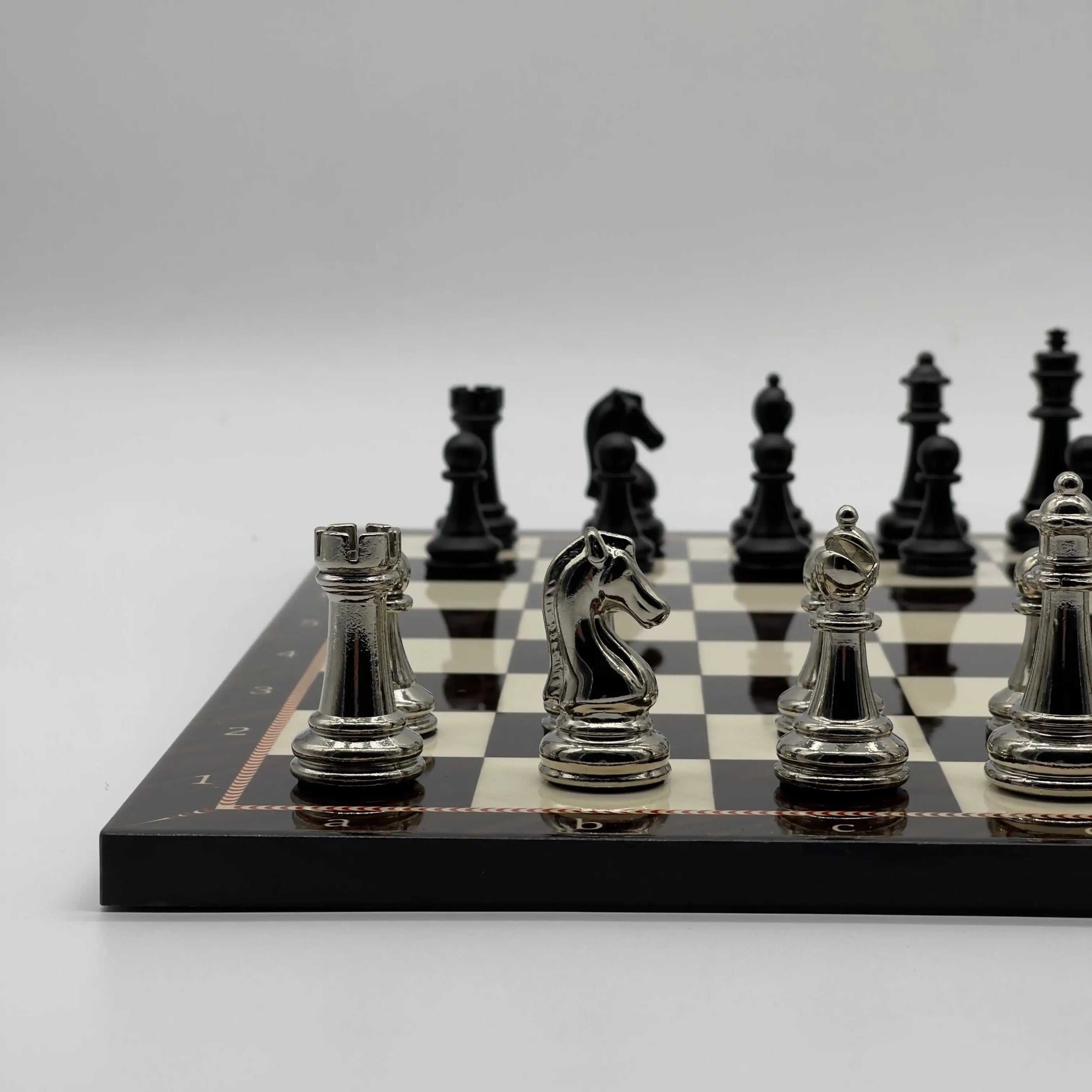 16.5" Walnut Marble Pattern Folding Chess Board With Classic Matte Metal Chess Pieces