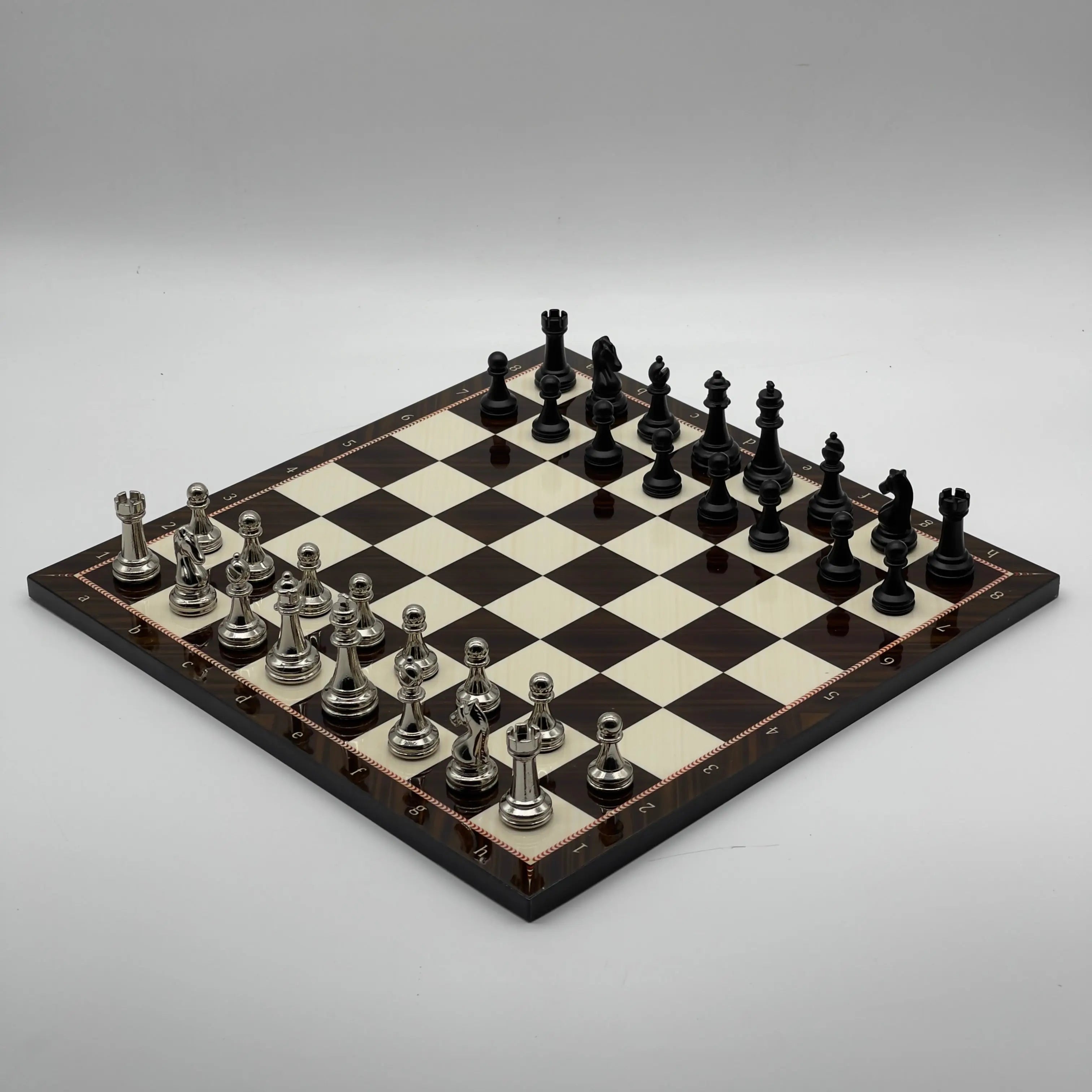 16.5" Walnut Marble Pattern Folding Chess Board With Classic Matte Metal Chess Pieces
