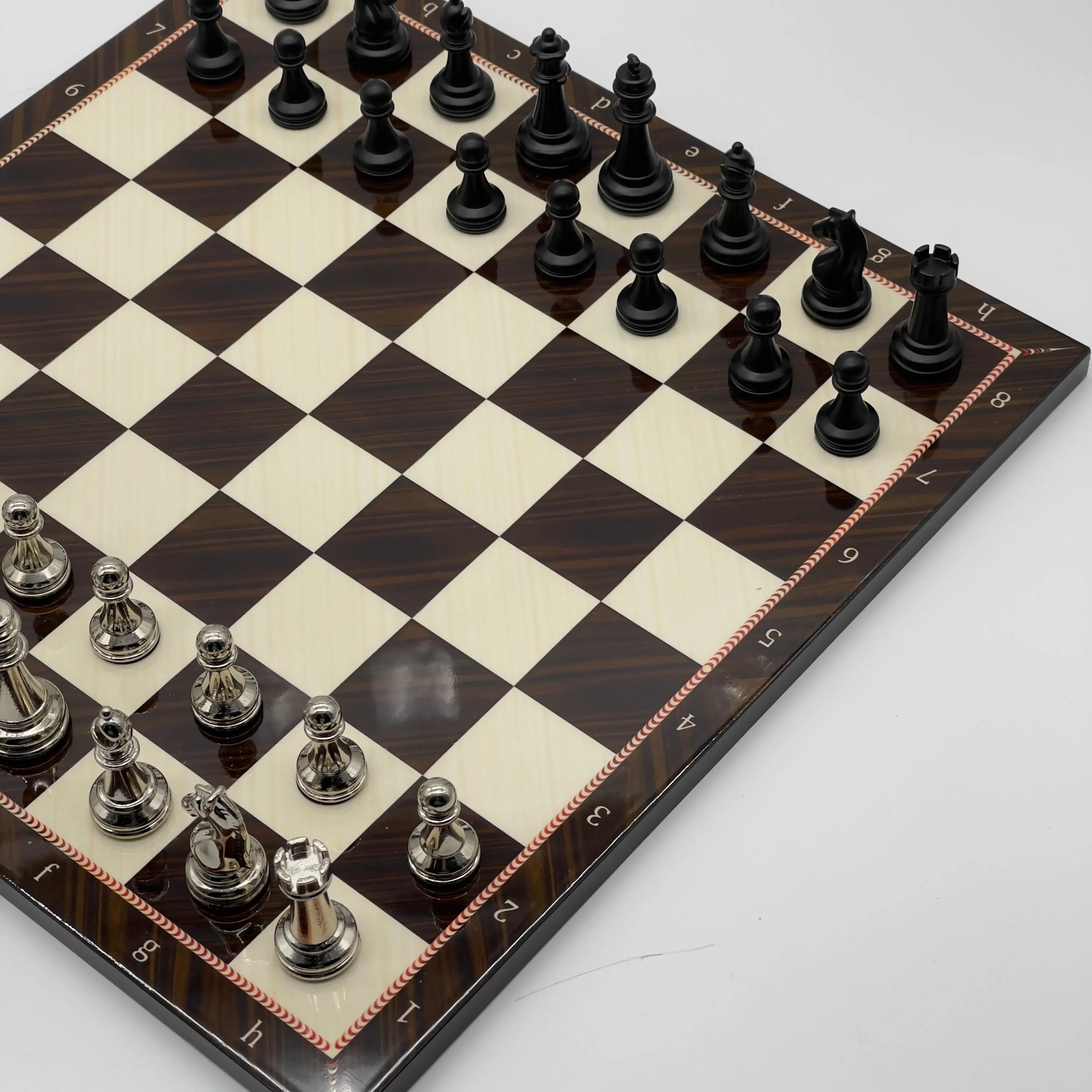 16.5" Walnut Marble Pattern Folding Chess Board With Classic Matte Metal Chess Pieces