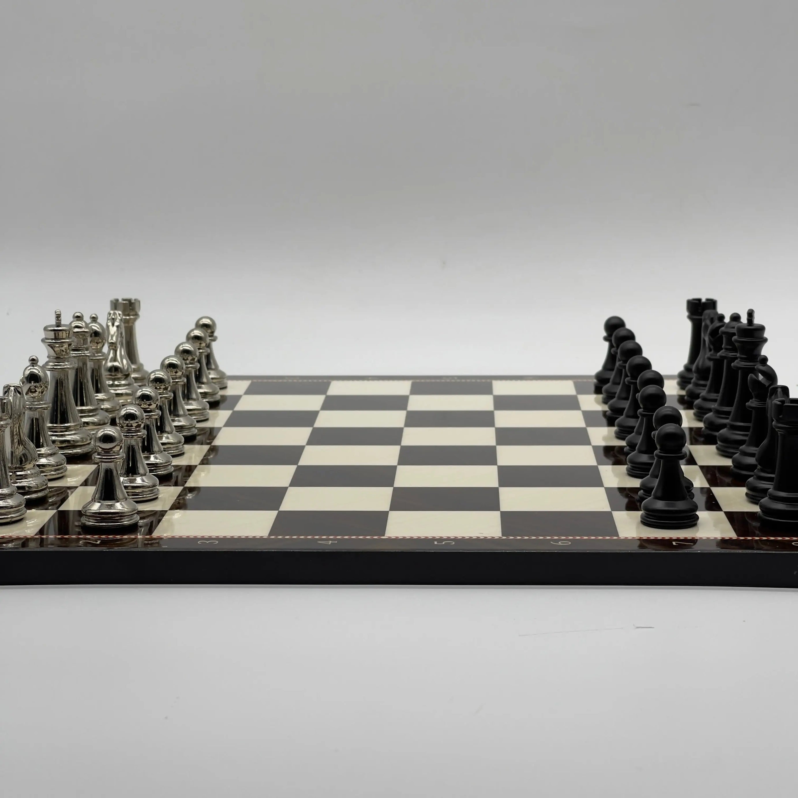 16.5" Walnut Marble Pattern Folding Chess Board With Classic Matte Metal Chess Pieces