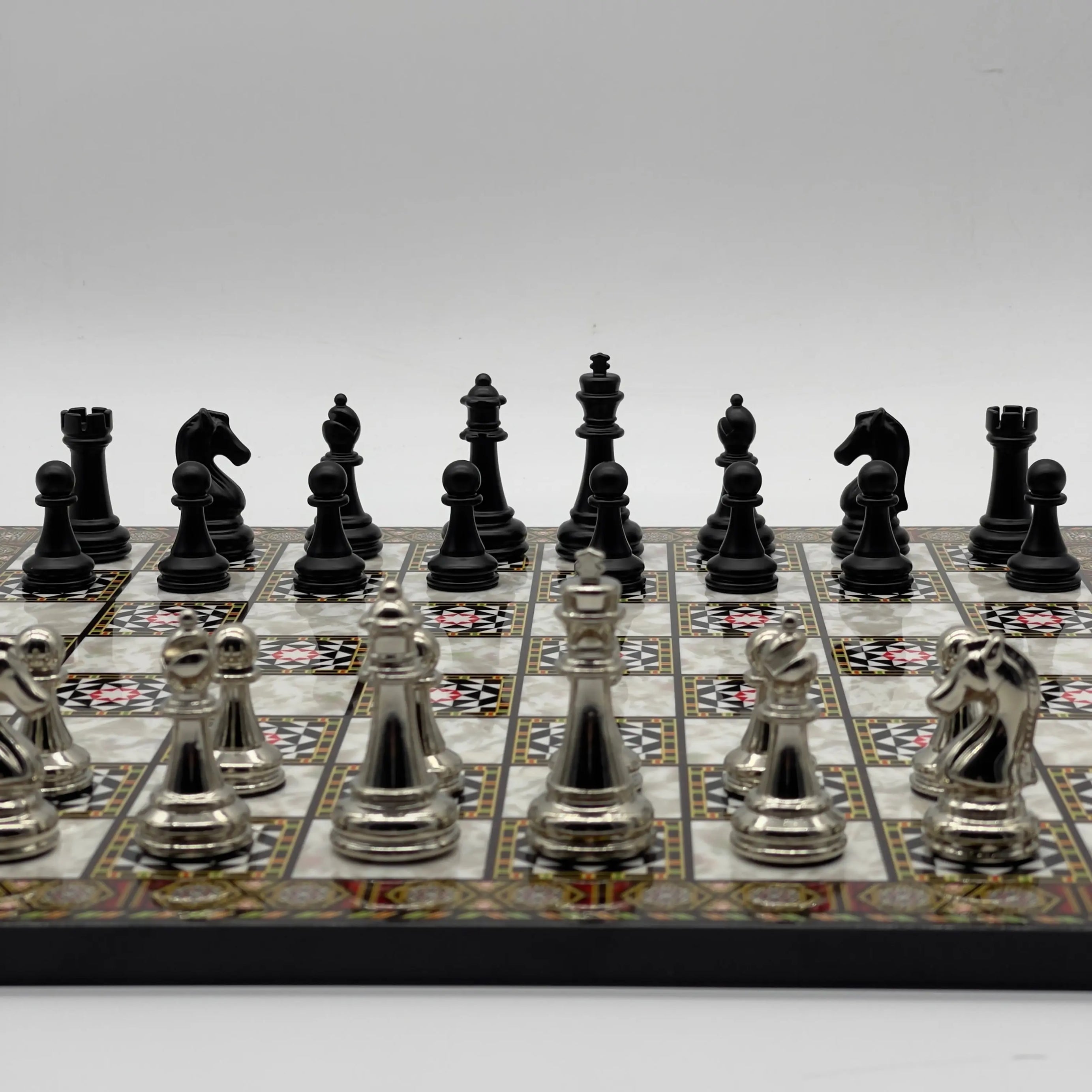 16.5" Mosaic Marble Pattern Folding Chess Board With Classic Matte Metal Chess Pieces