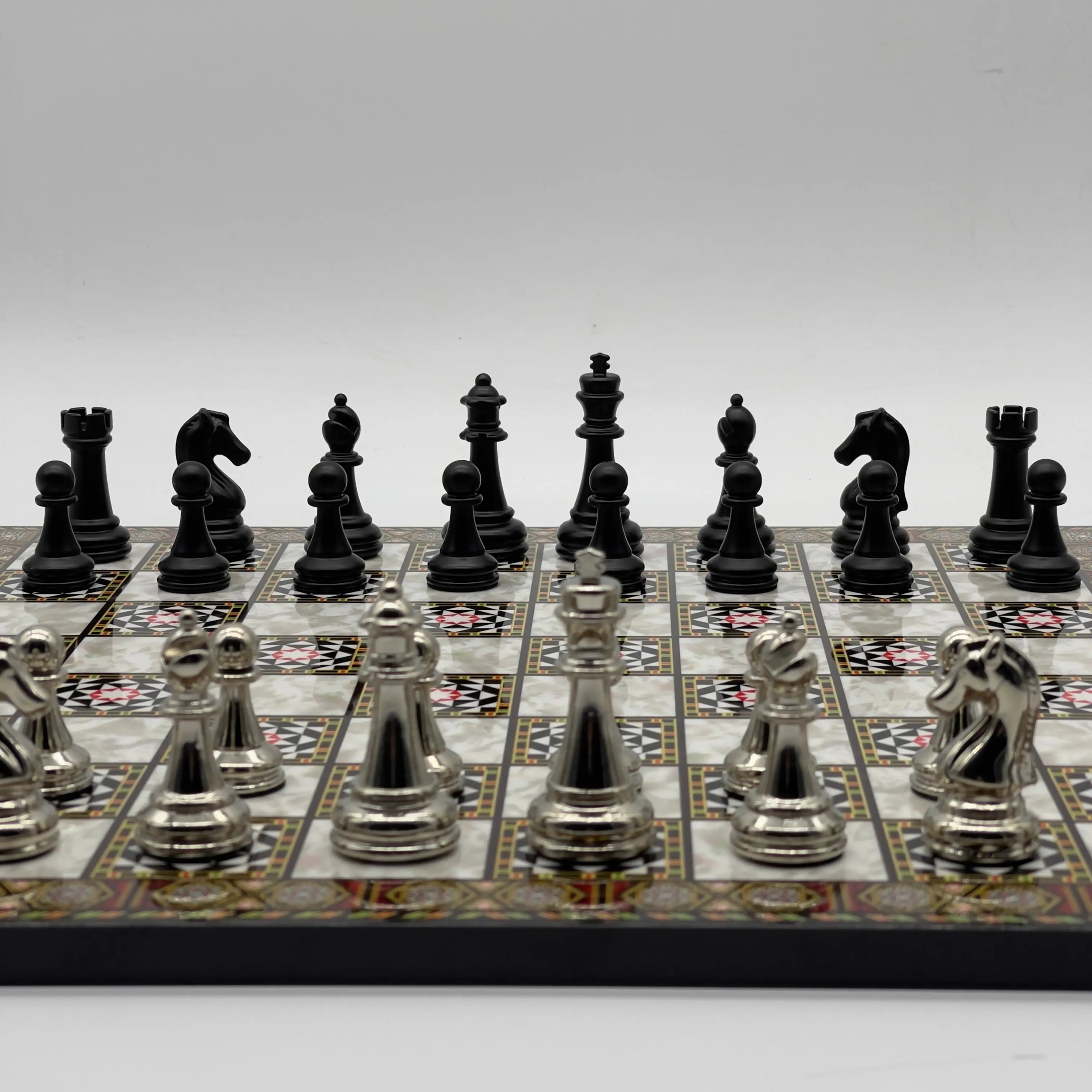 16.5" Mosaic Marble Pattern Folding Chess Board With Classic Matte Metal Chess Pieces