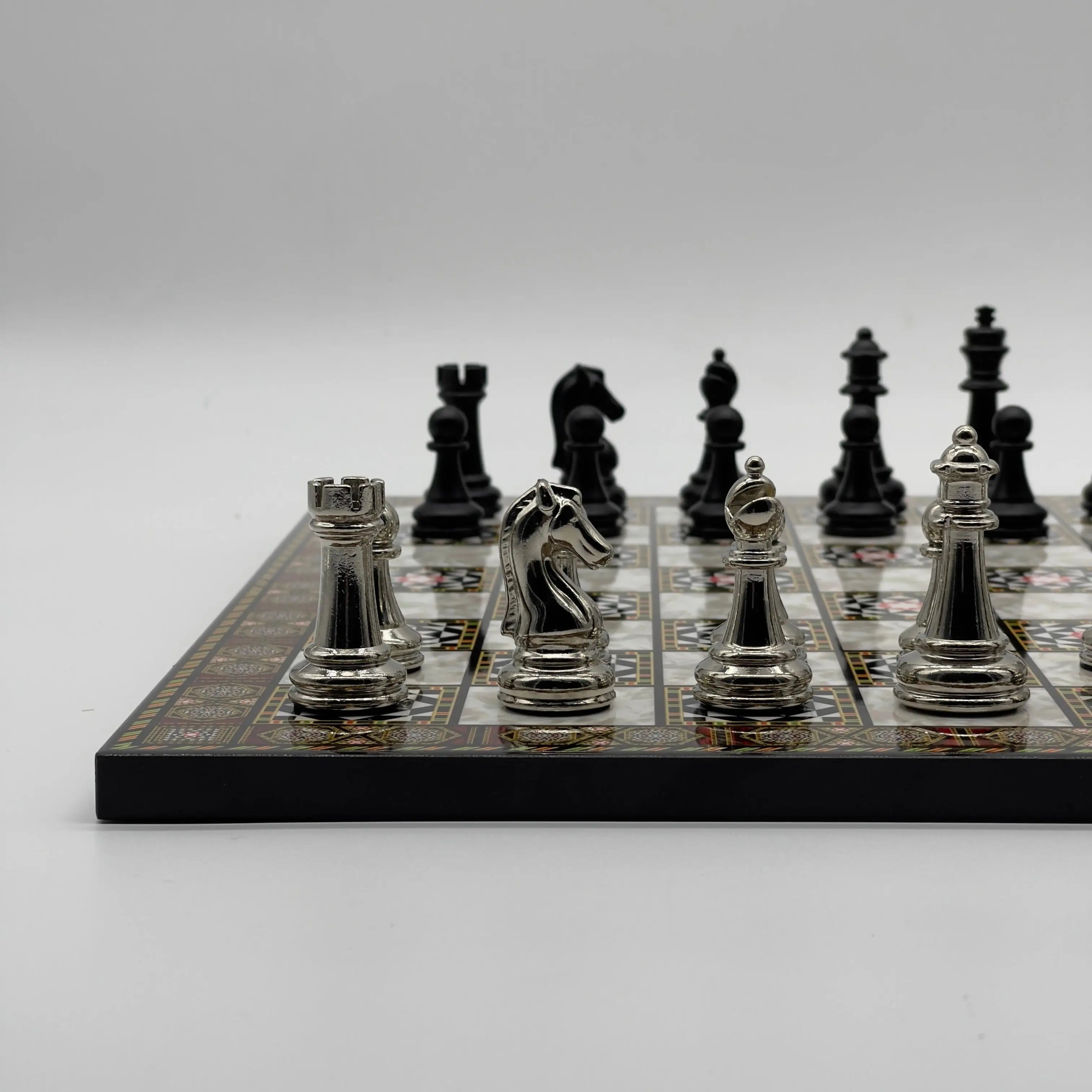 16.5" Mosaic Marble Pattern Folding Chess Board With Classic Matte Metal Chess Pieces