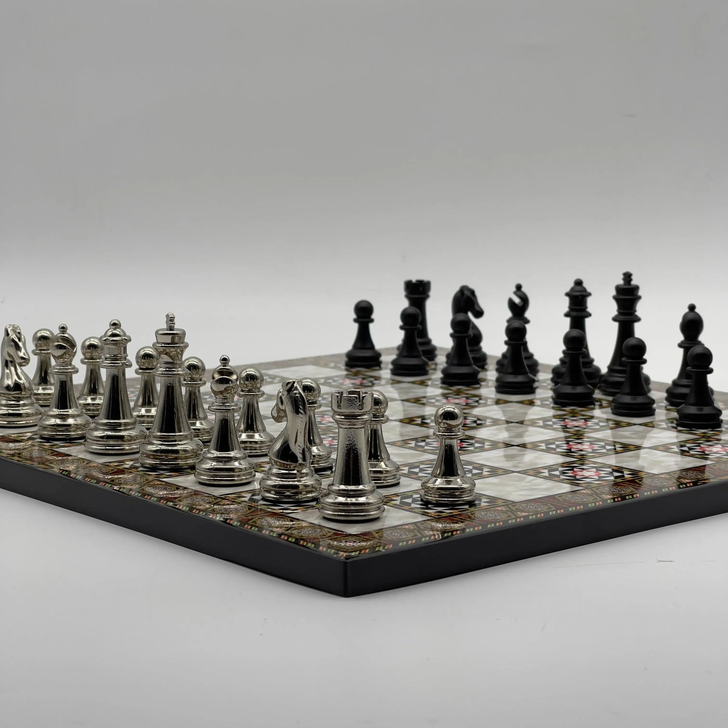 16.5" Mosaic Marble Pattern Folding Chess Board With Classic Matte Metal Chess Pieces