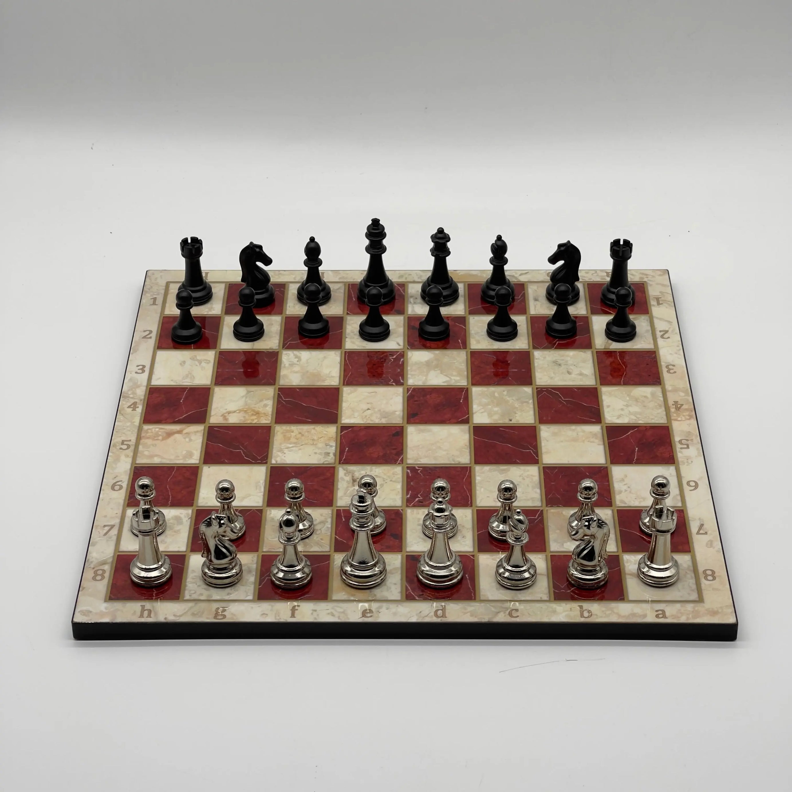 16.5" Red Marble Pattern Folding Chess Board With Classic Matte Metal Chess Pieces