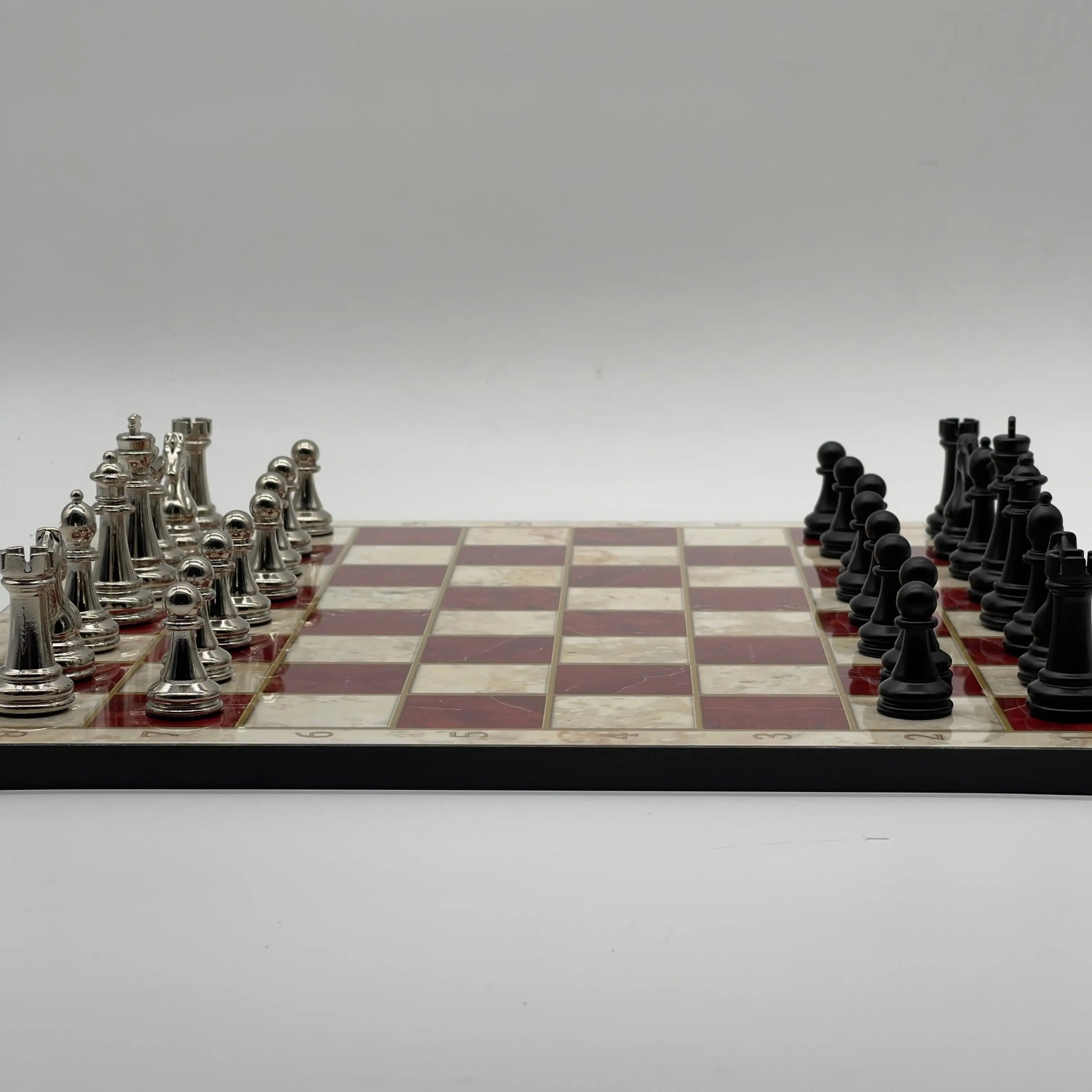 16.5" Red Marble Pattern Folding Chess Board With Classic Matte Metal Chess Pieces