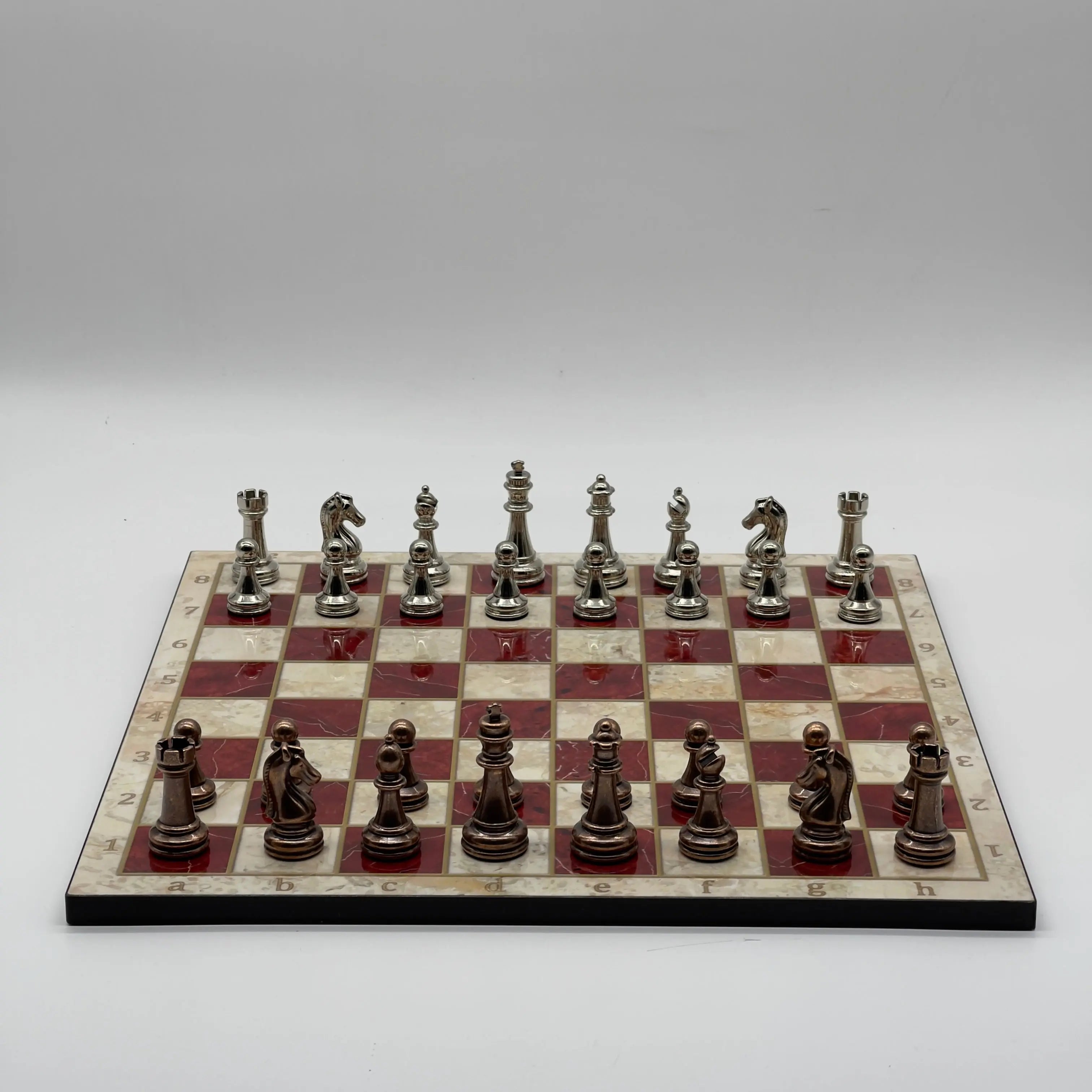 16.5" Red Marble Pattern Folding Chess Board With Classic Metal Chess Pieces