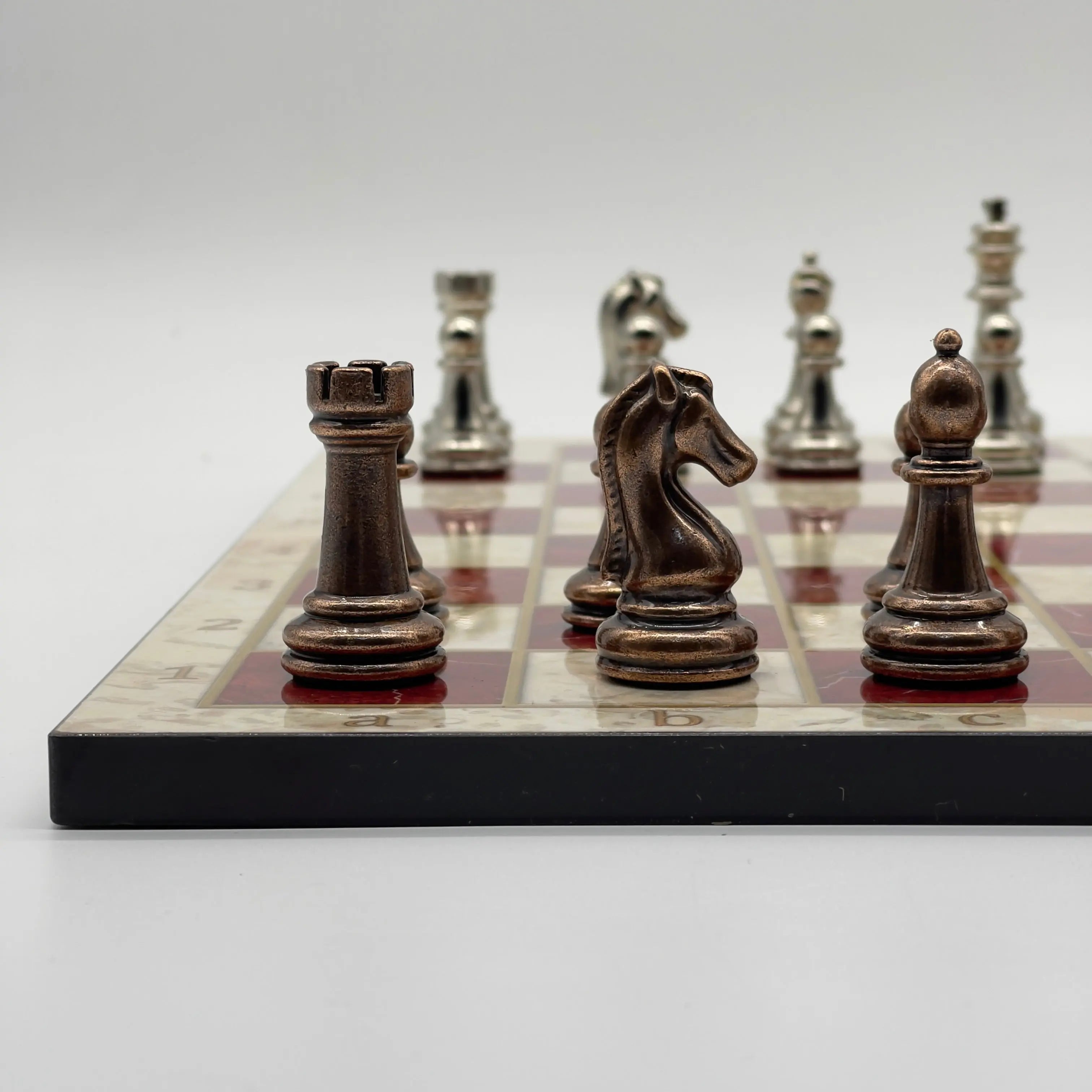 16.5" Red Marble Pattern Folding Chess Board With Classic Metal Chess Pieces
