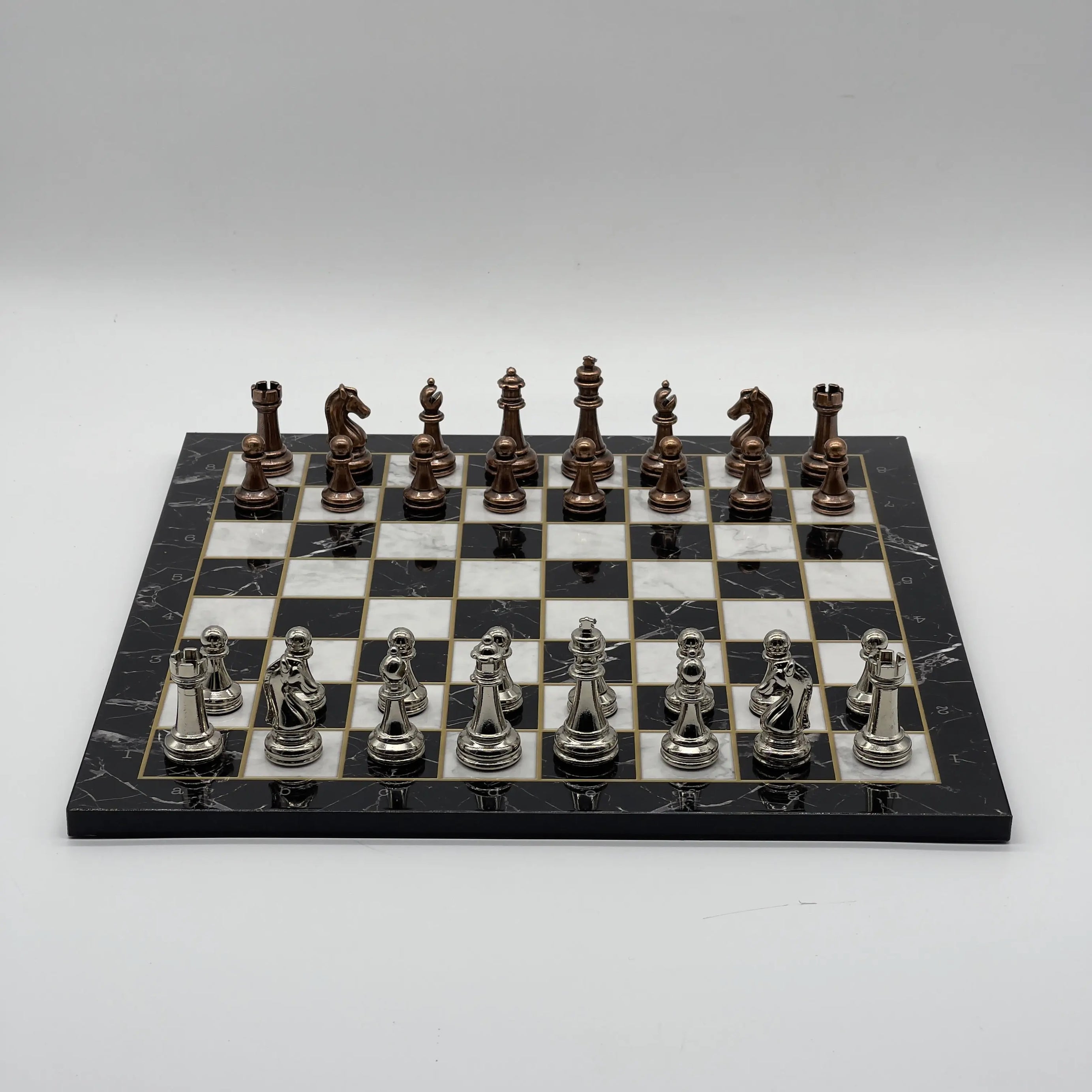 16.5" Black Marble Pattern Folding Chess Board With Classic Metal Chess Pieces