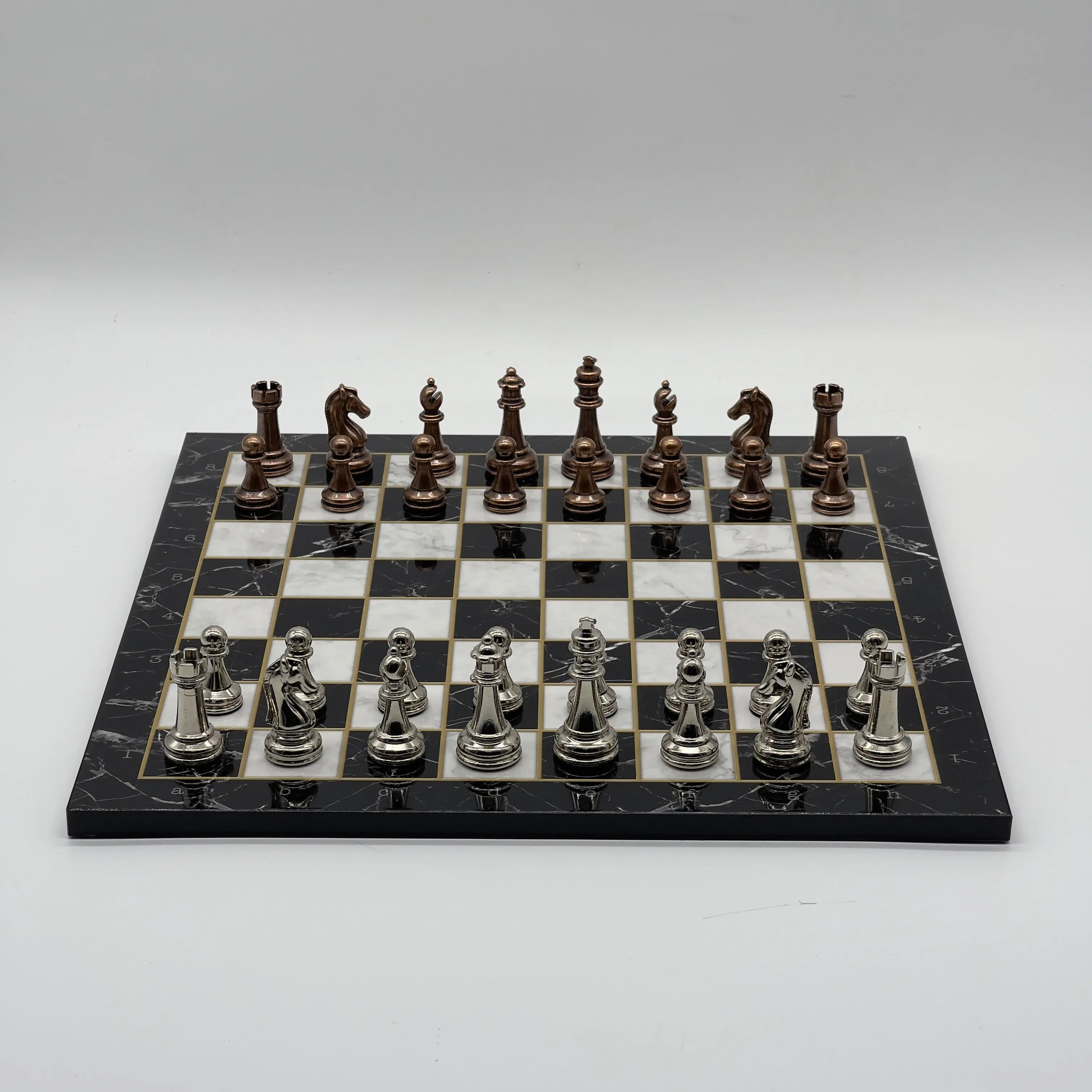 16.5" Black Marble Pattern Folding Chess Board With Classic Metal Chess Pieces