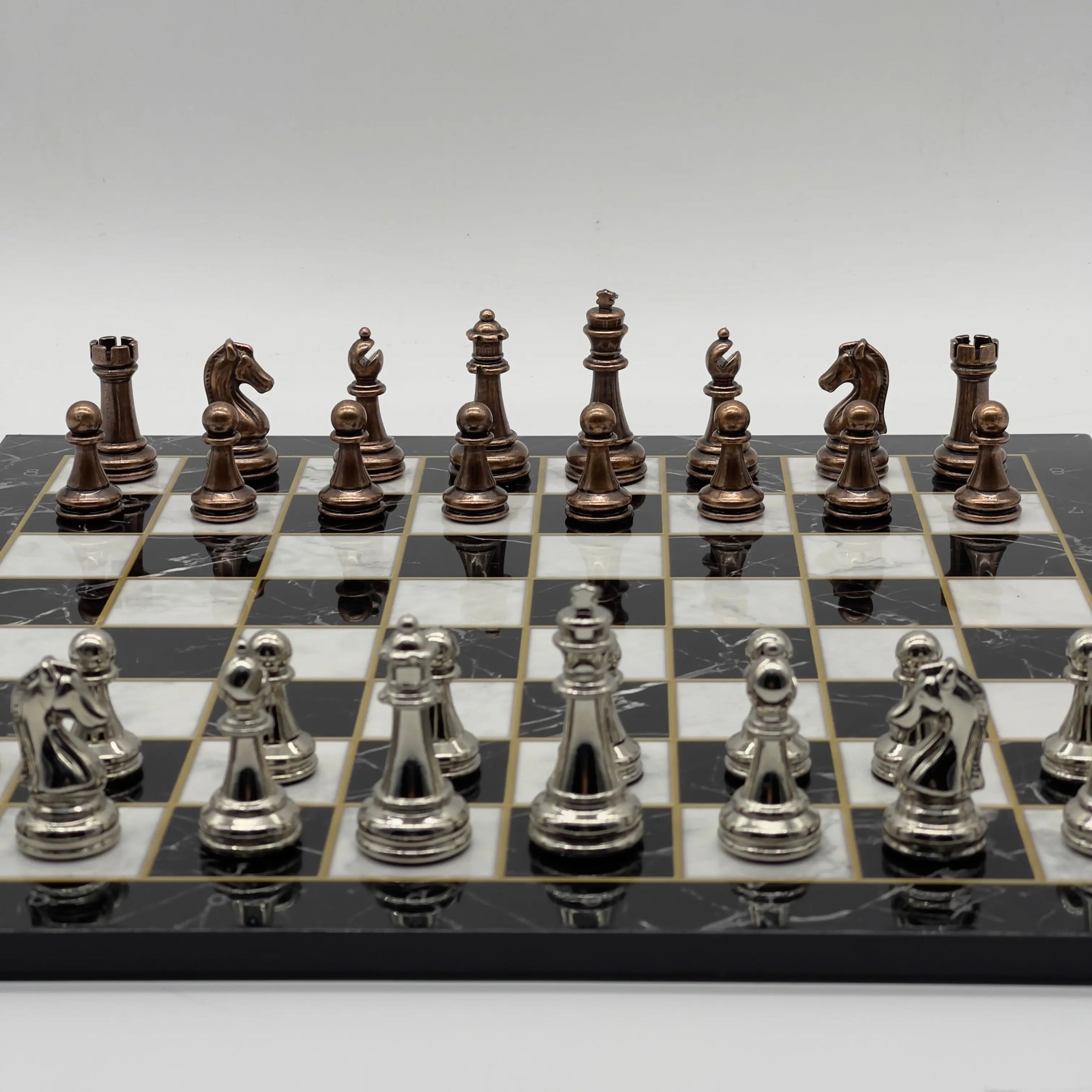 16.5" Black Marble Pattern Folding Chess Board With Classic Metal Chess Pieces