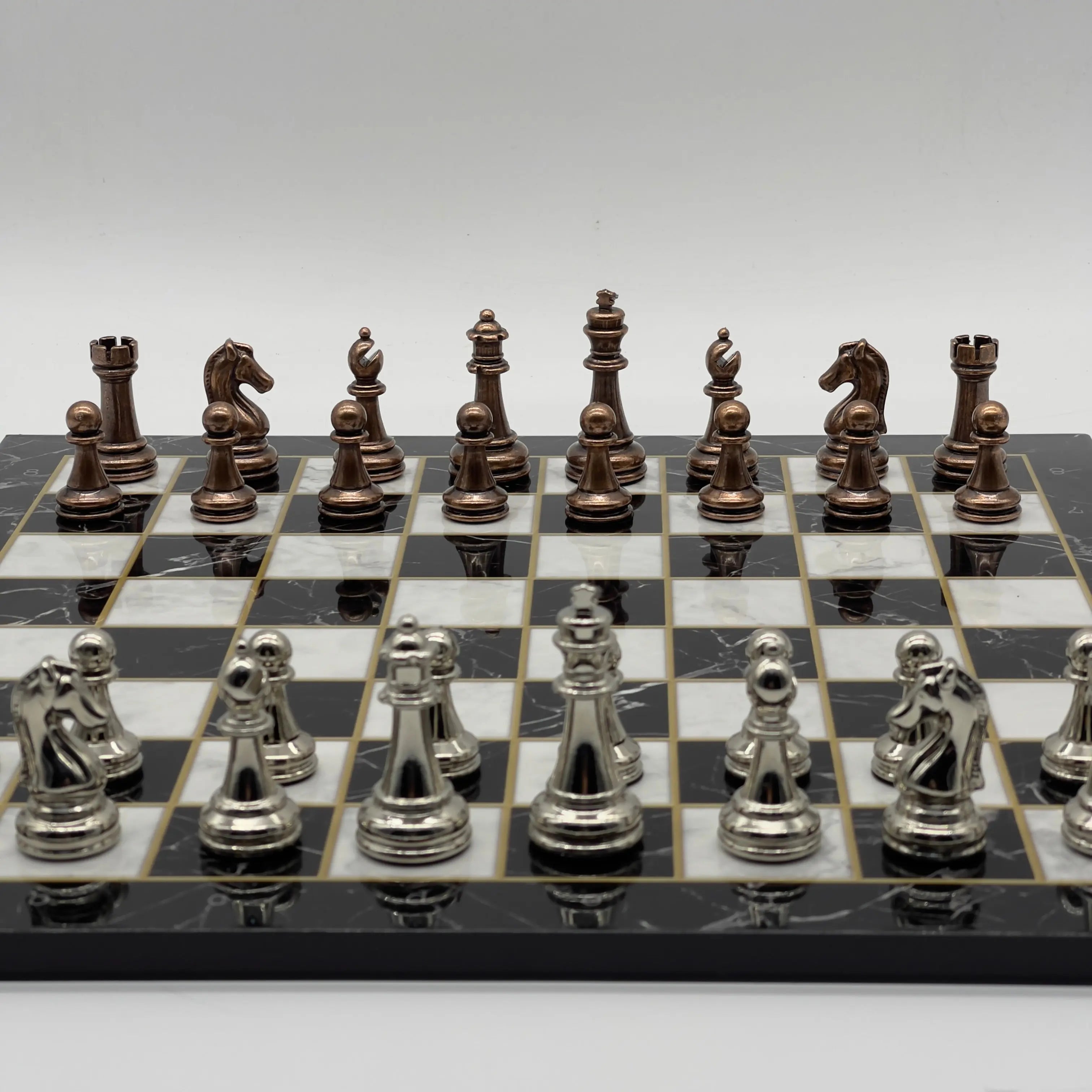 16.5" Black Marble Pattern Folding Chess Board With Classic Metal Chess Pieces