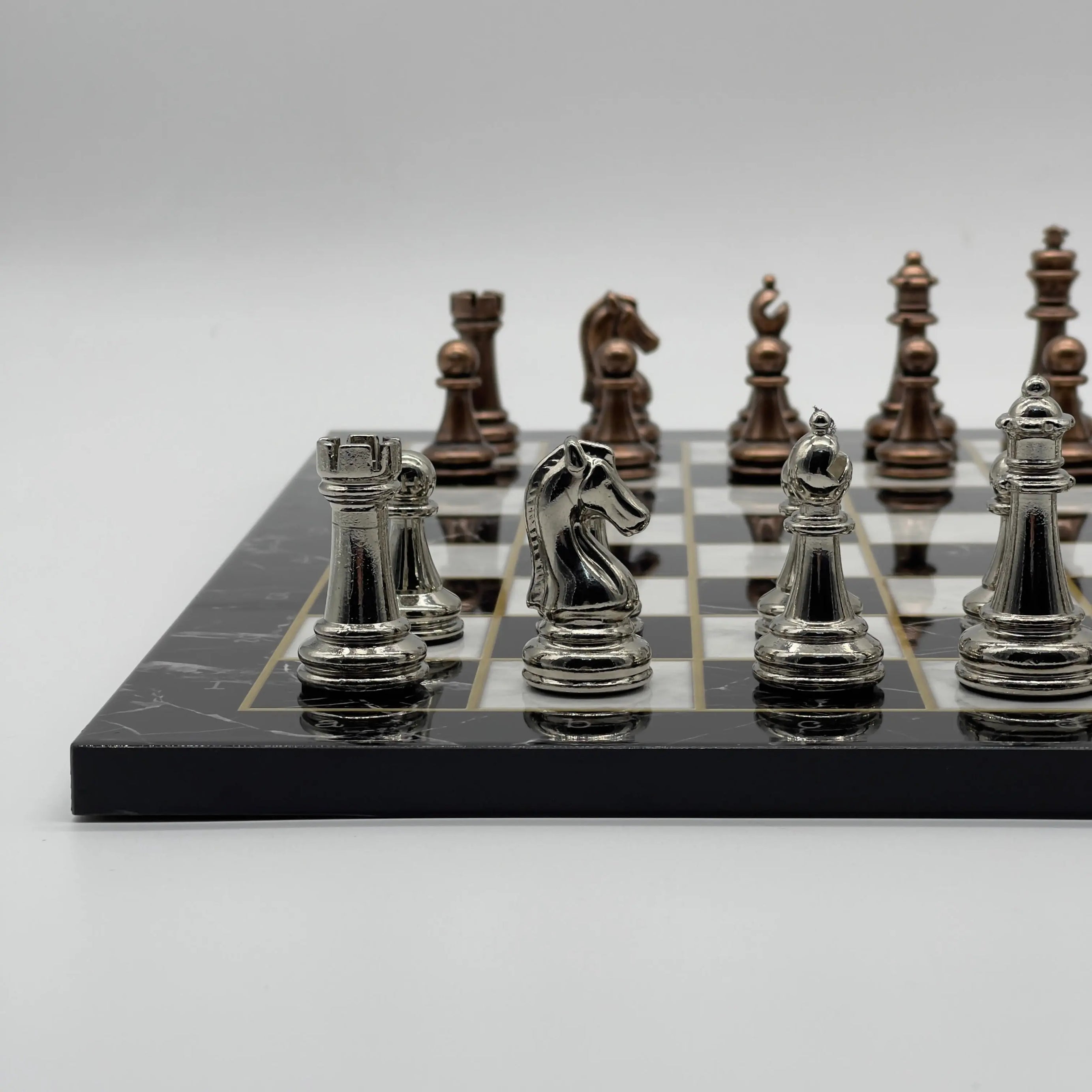 16.5" Black Marble Pattern Folding Chess Board With Classic Metal Chess Pieces