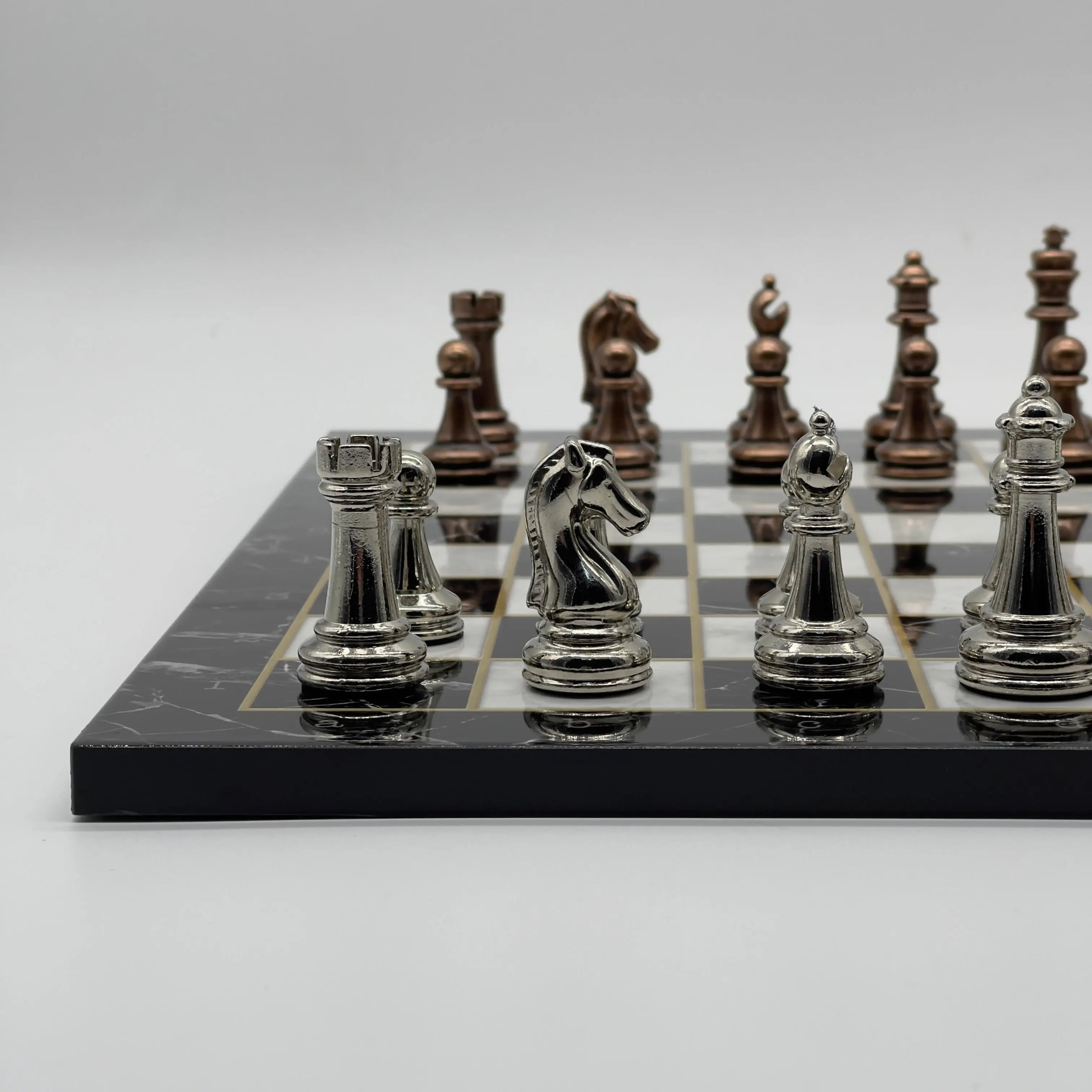 16.5" Black Marble Pattern Folding Chess Board With Classic Metal Chess Pieces