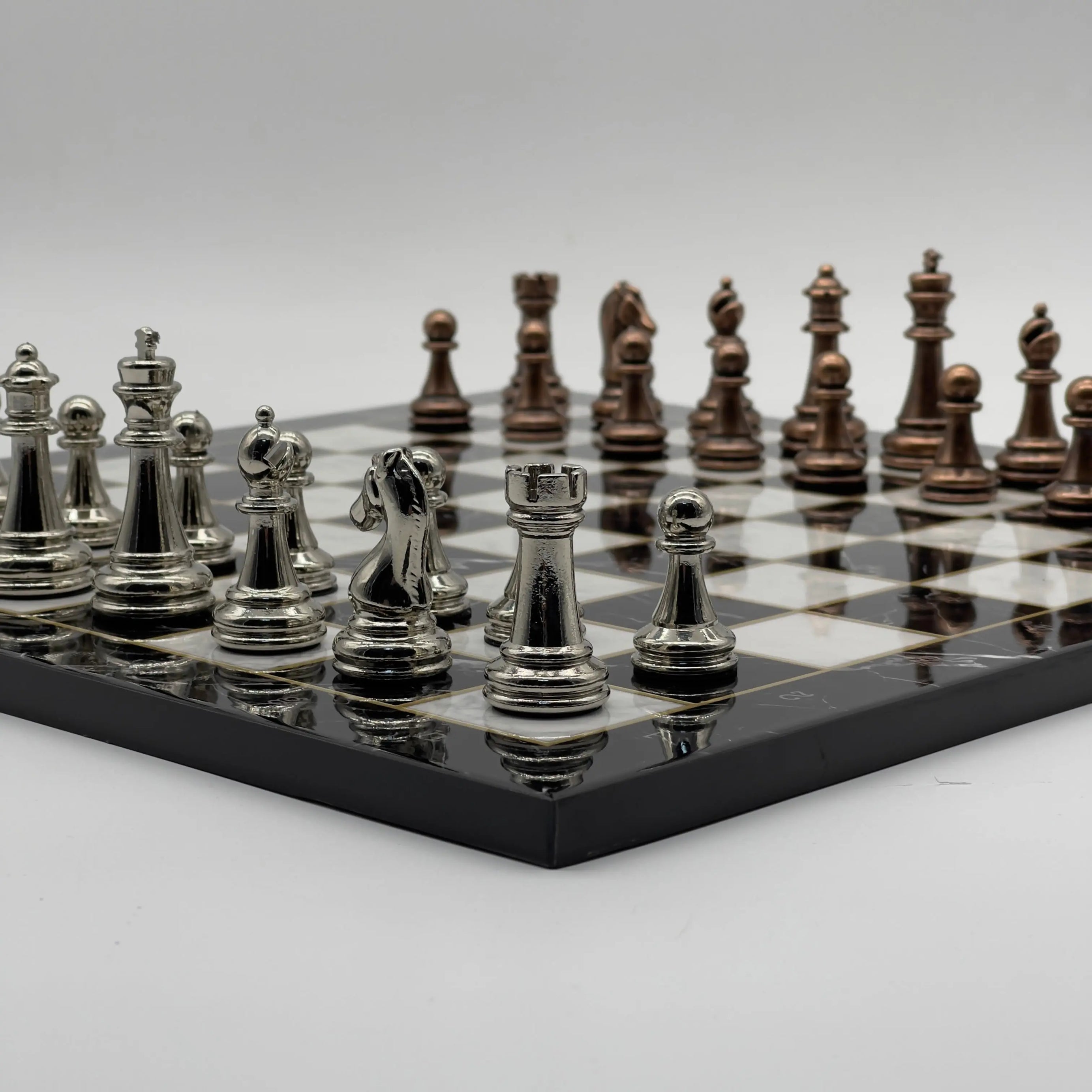 16.5" Black Marble Pattern Folding Chess Board With Classic Metal Chess Pieces