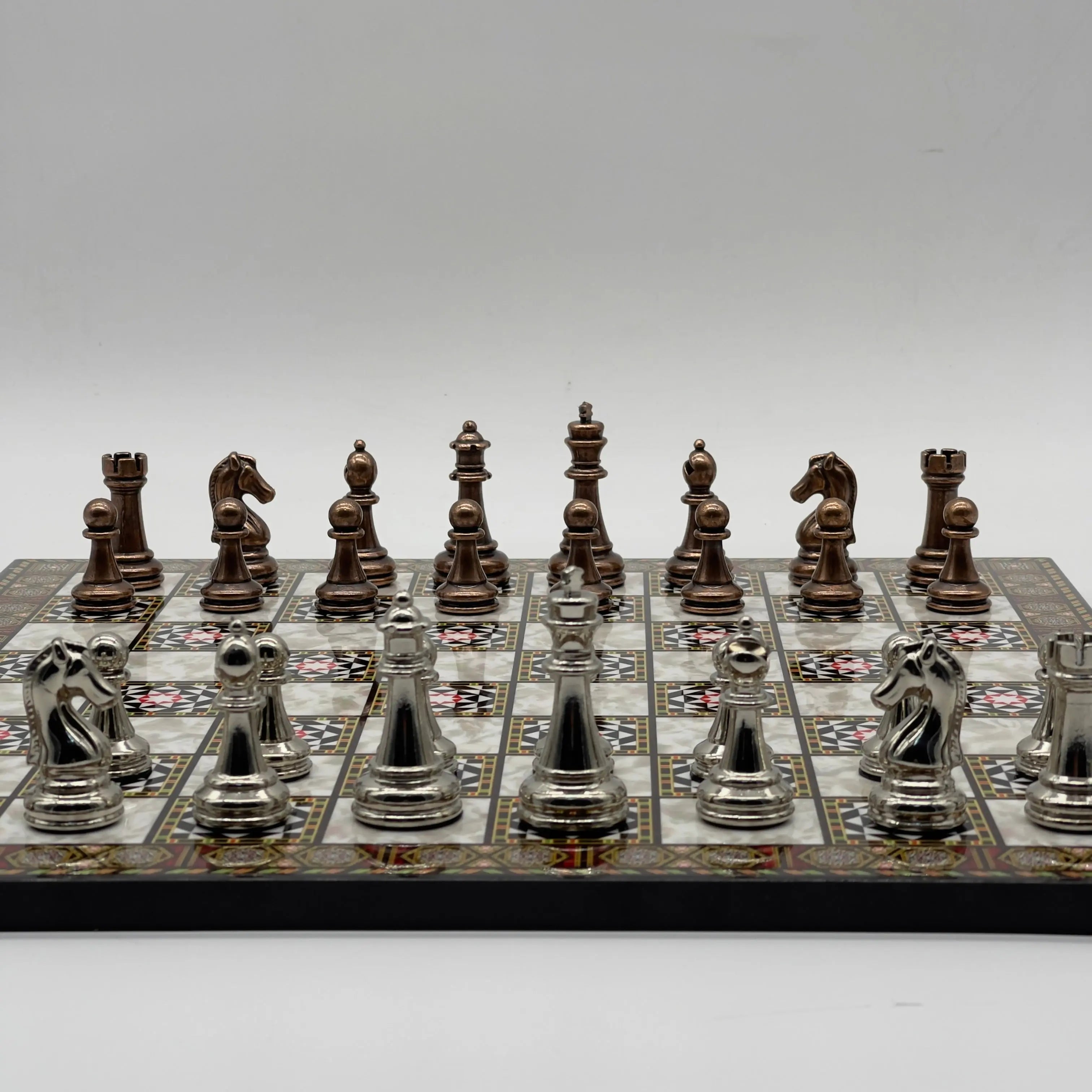 16.5" Mosaic Marble Pattern Folding Chess Board With Classic Metal Chess Pieces