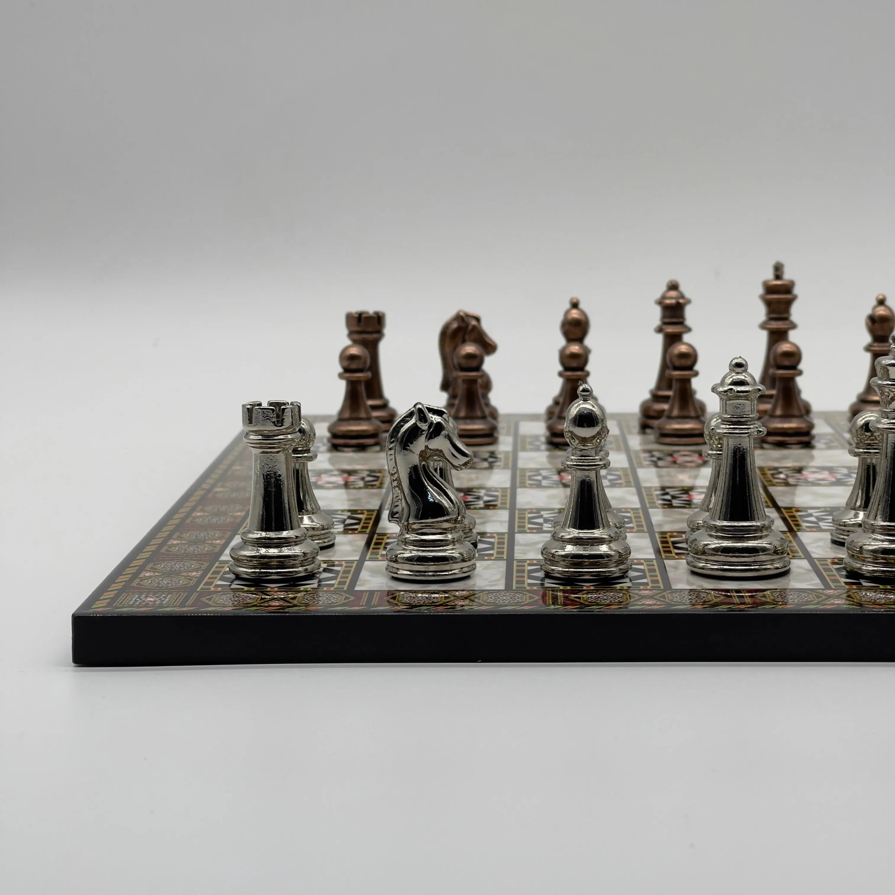 16.5" Mosaic Marble Pattern Folding Chess Board With Classic Metal Chess Pieces