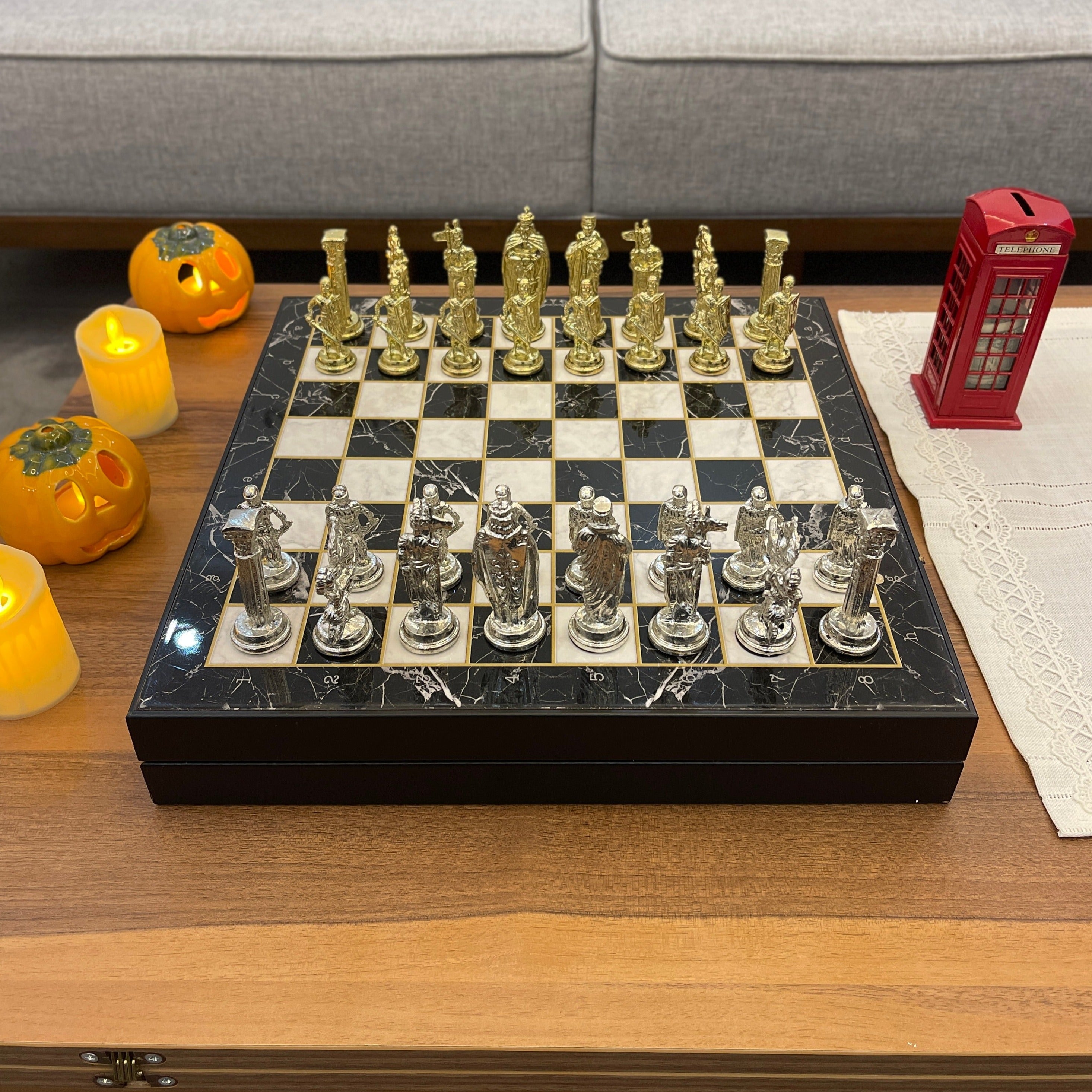 14" VIP Personalized Marble Patterned Chess Set With British Metal Chess Pieces