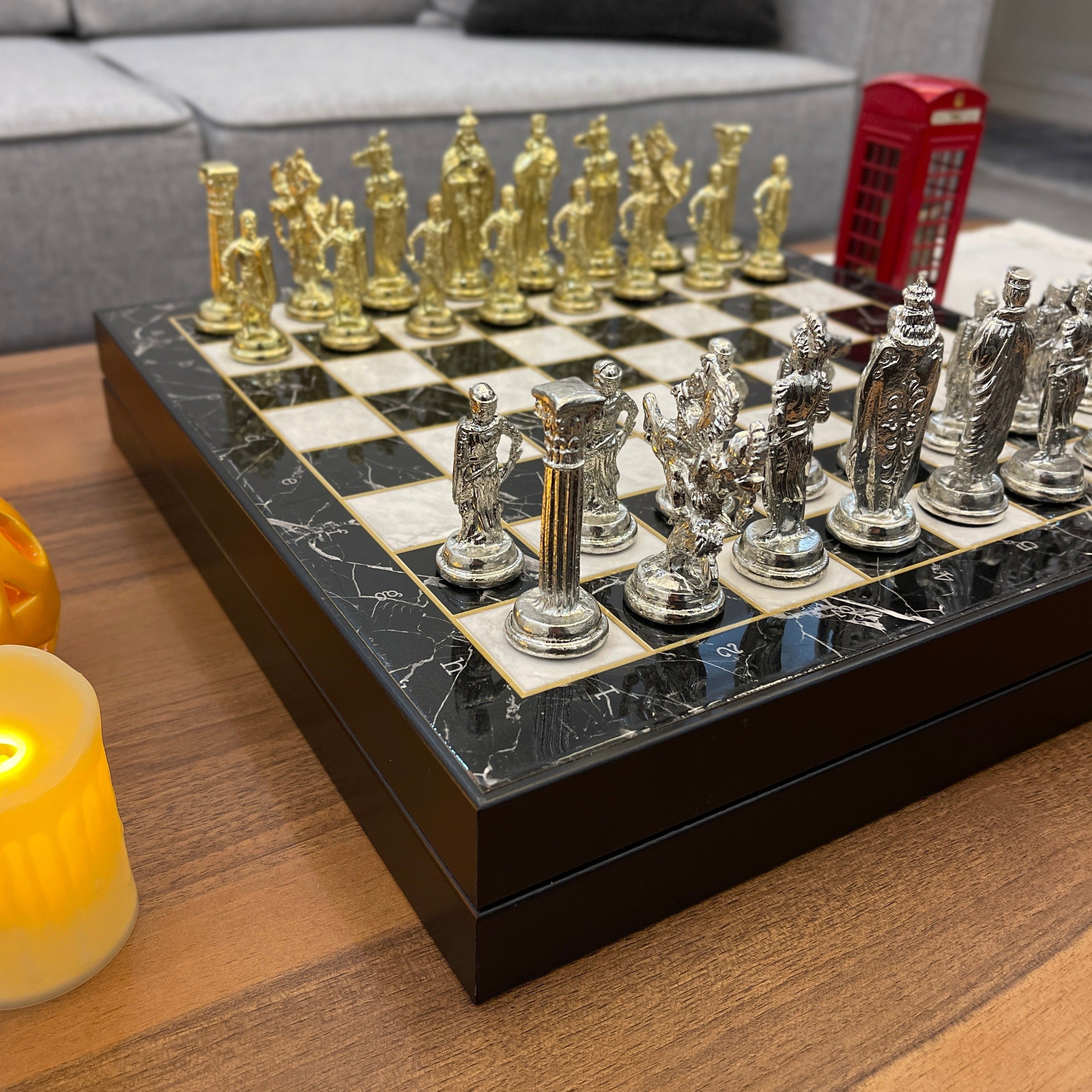 14" VIP Personalized Marble Patterned Chess Set With British Metal Chess Pieces