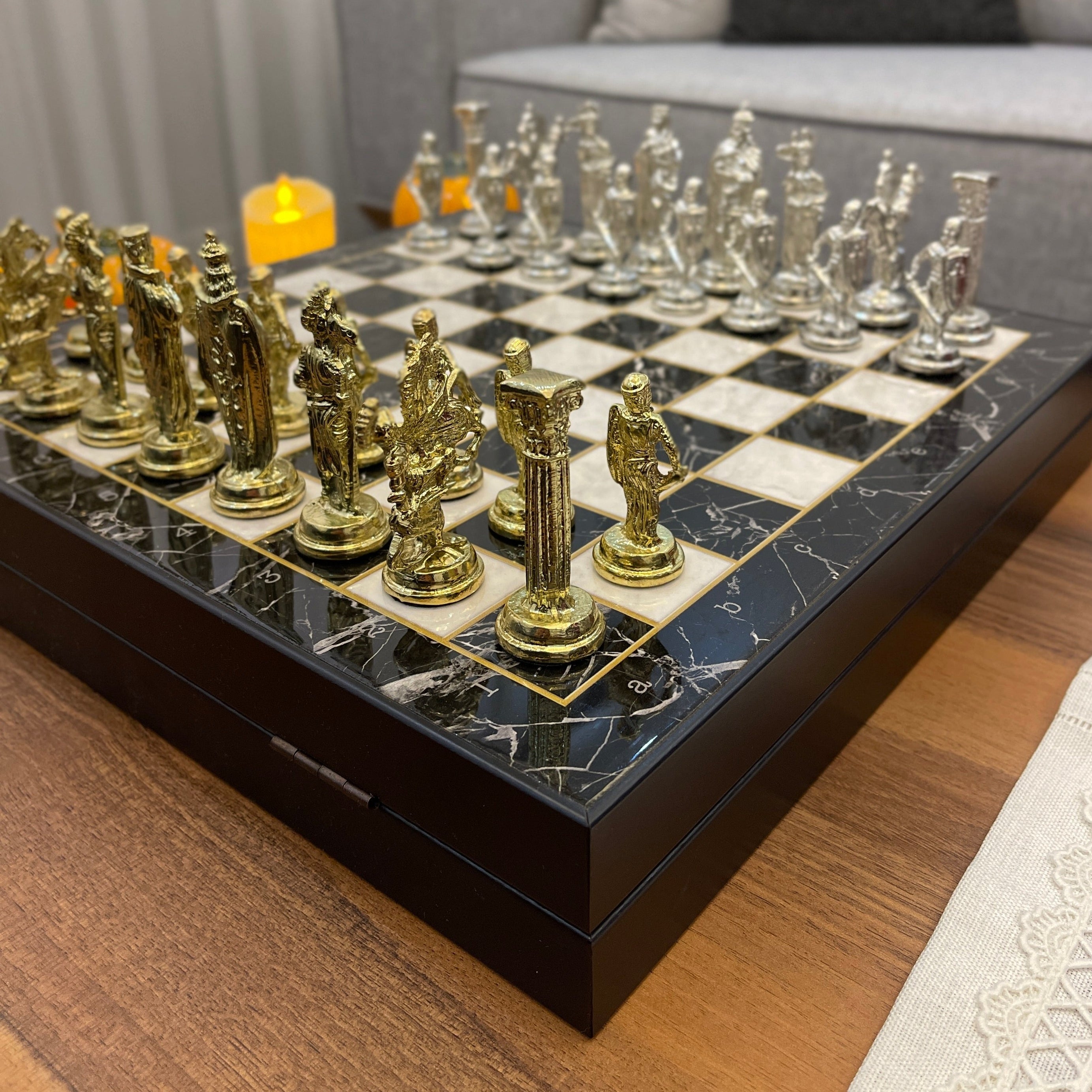 14" VIP Personalized Marble Patterned Chess Set With British Metal Chess Pieces