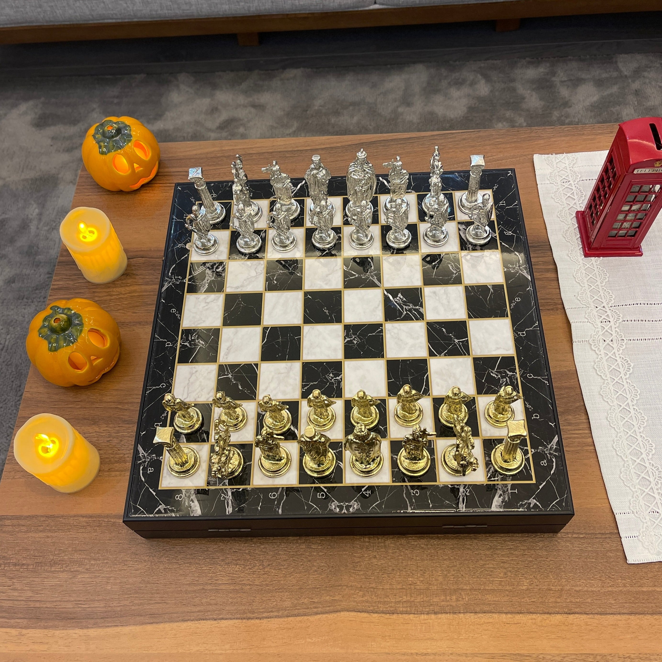 14" VIP Personalized Marble Patterned Chess Set With British Metal Chess Pieces