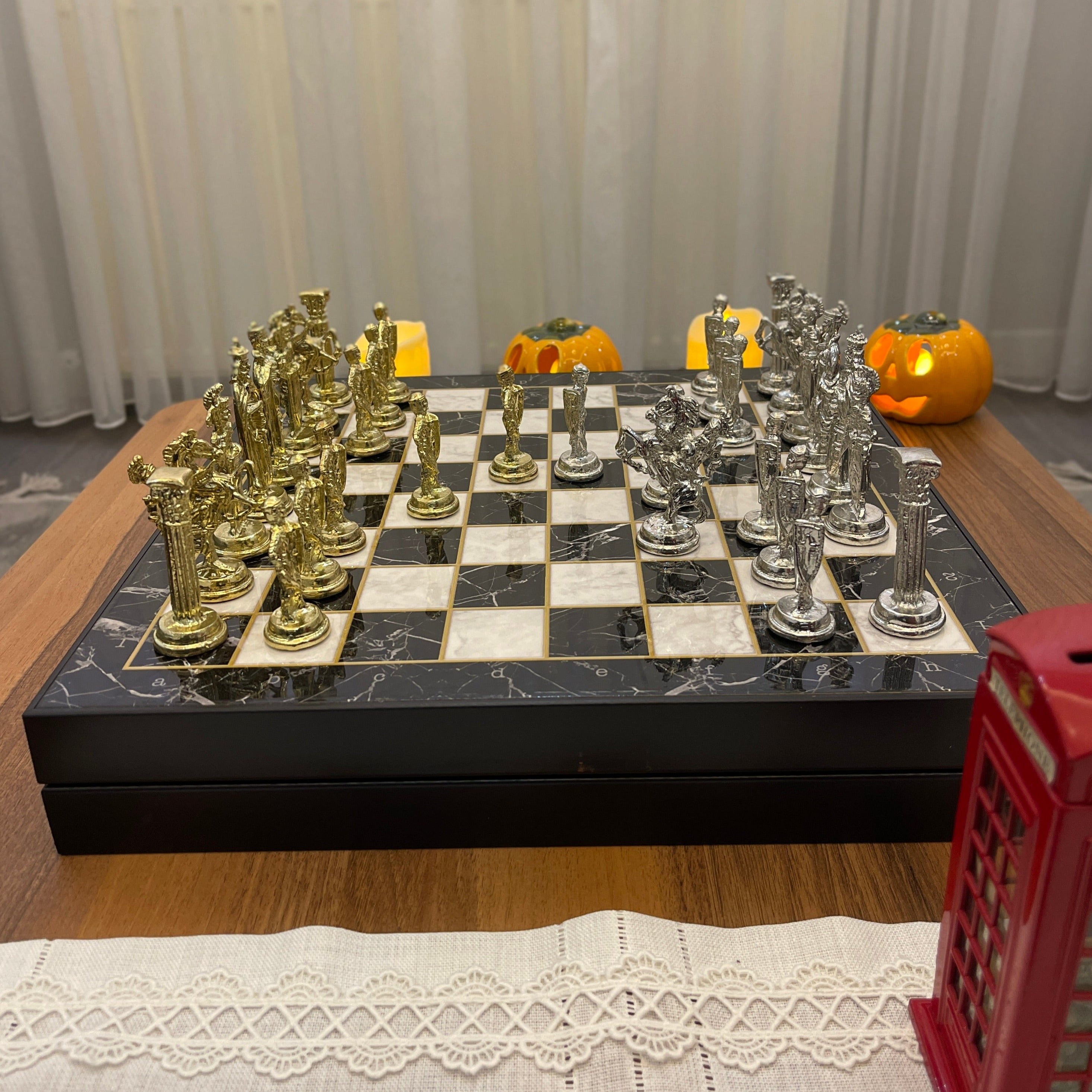 14" VIP Personalized Marble Patterned Chess Set With British Metal Chess Pieces