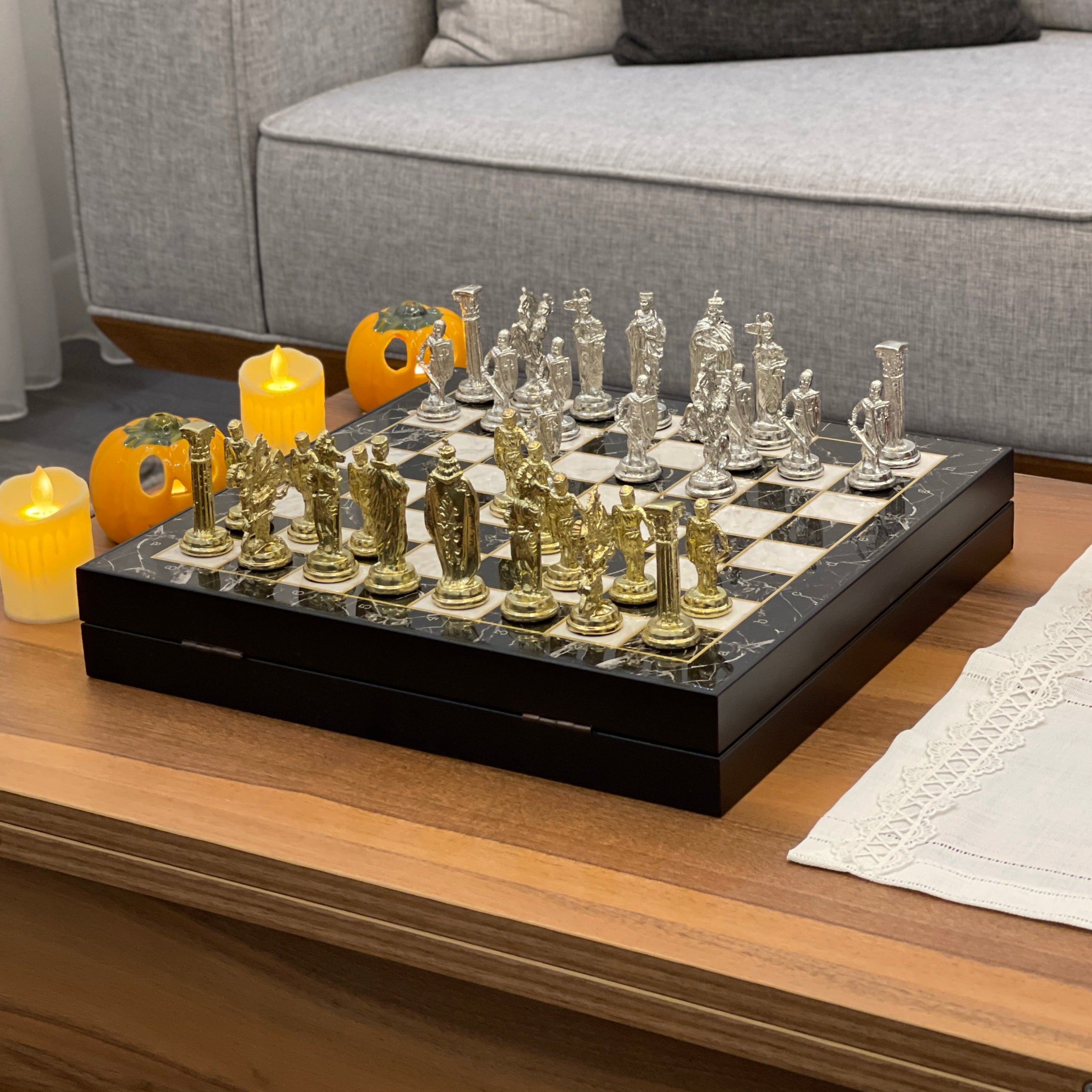 14" VIP Personalized Marble Patterned Chess Set With British Metal Chess Pieces