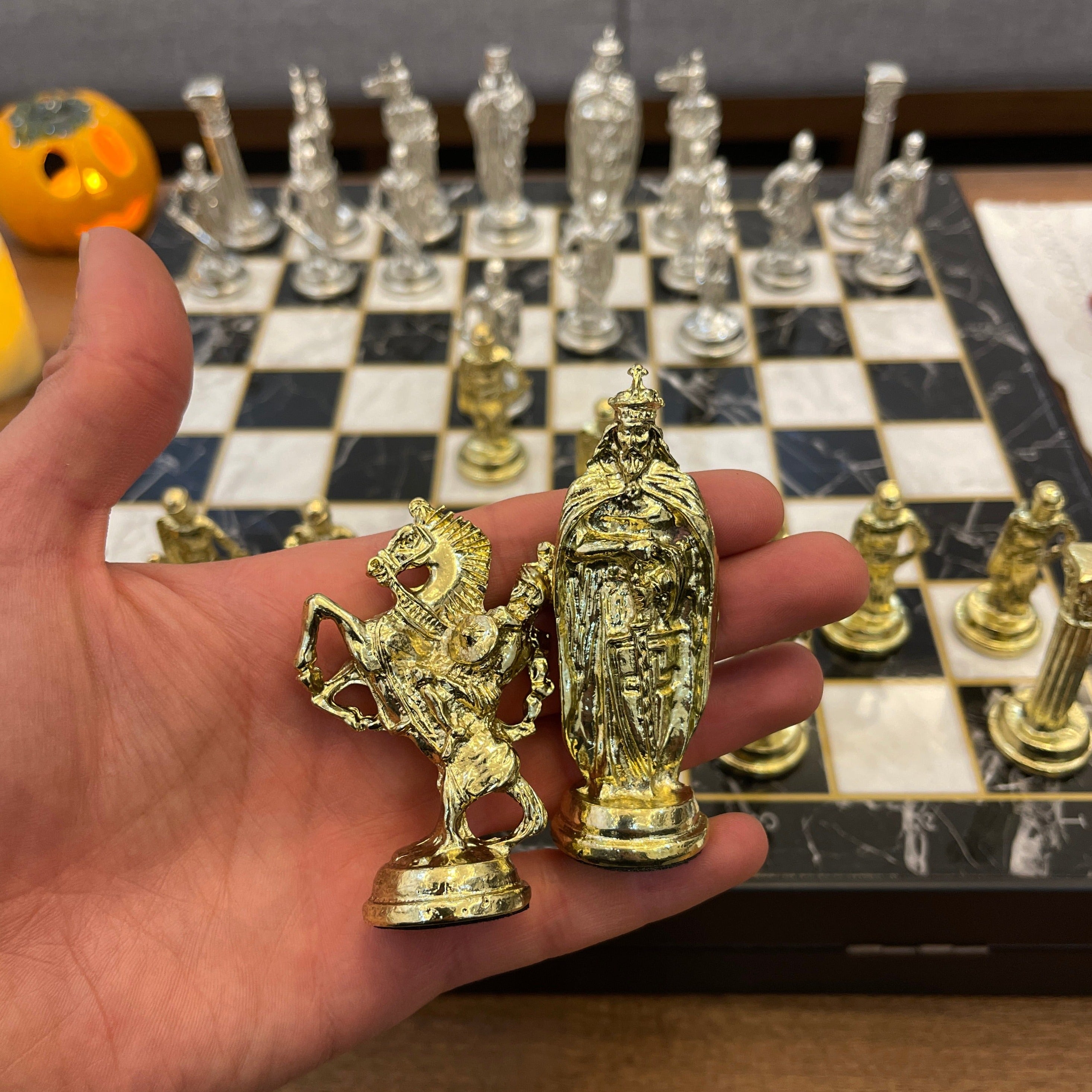 14" VIP Personalized Marble Patterned Chess Set With British Metal Chess Pieces