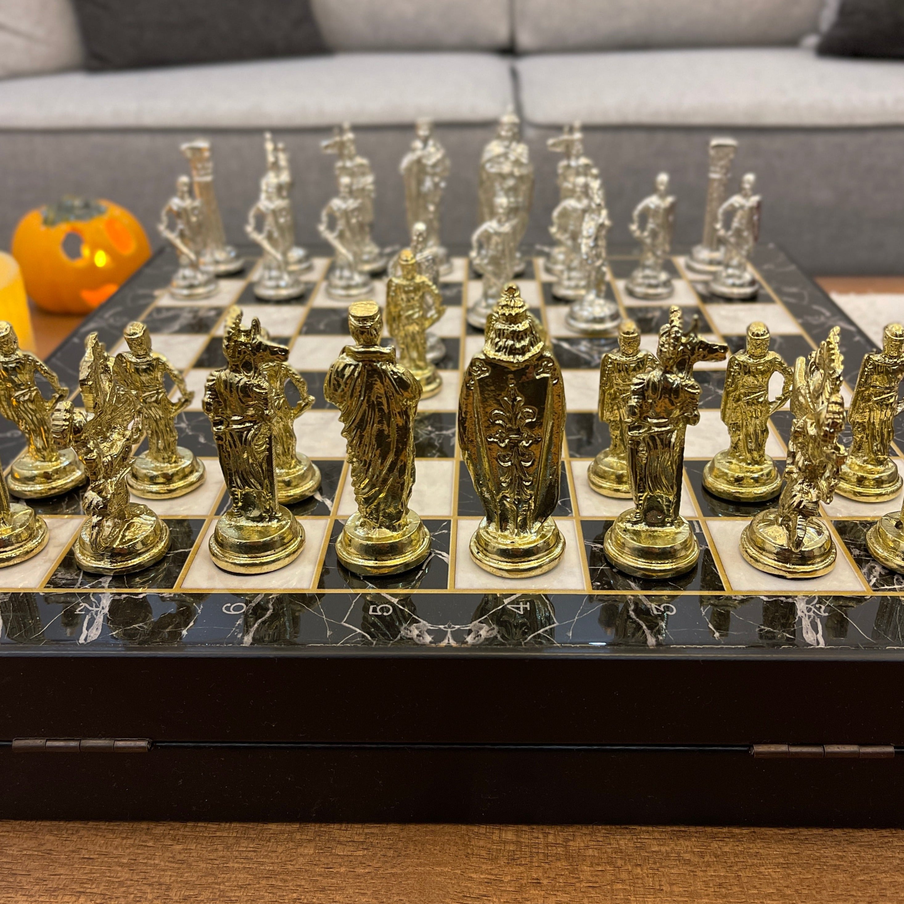 14" VIP Personalized Marble Patterned Chess Set With British Metal Chess Pieces