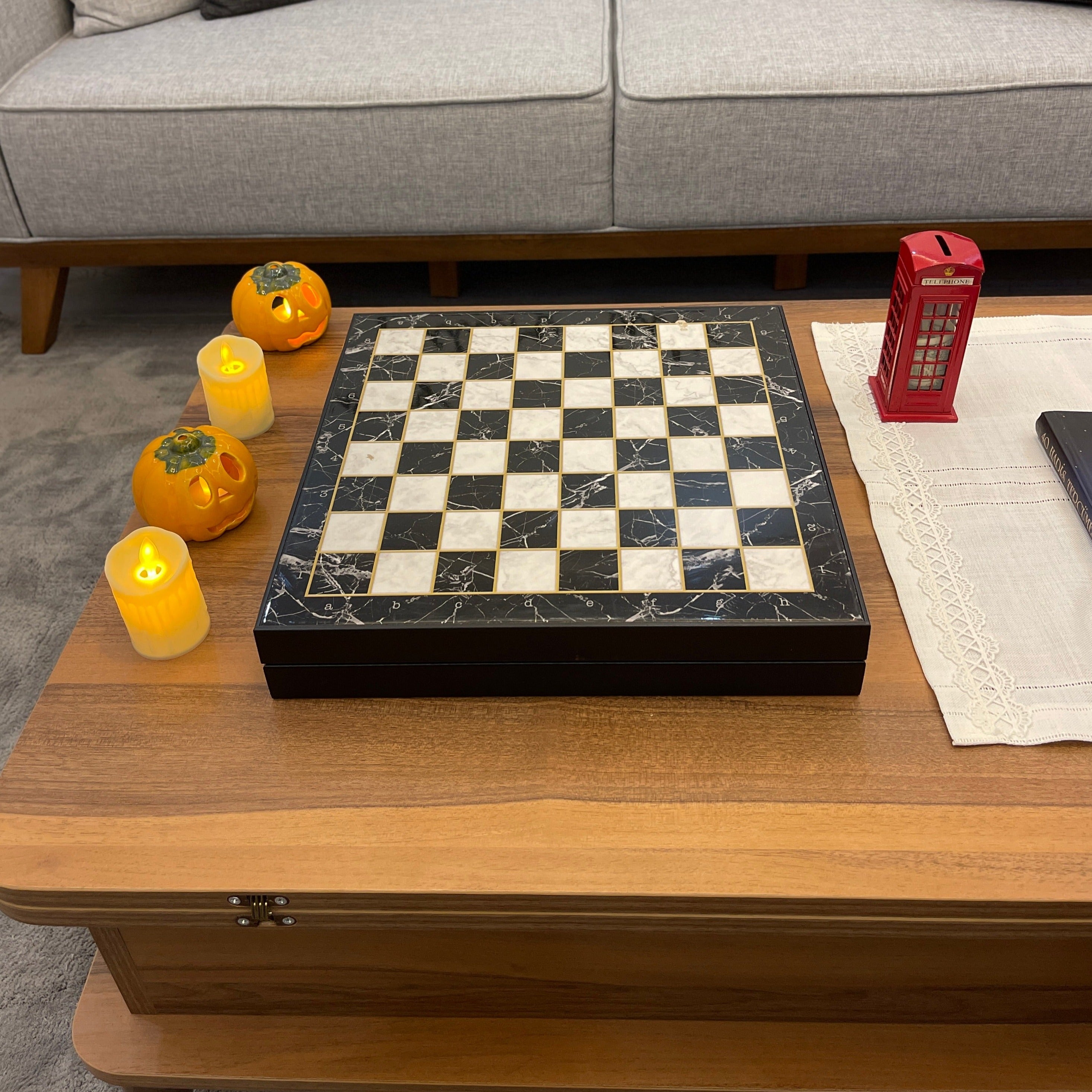 14" VIP Personalized Marble Patterned Chess Set With British Metal Chess Pieces