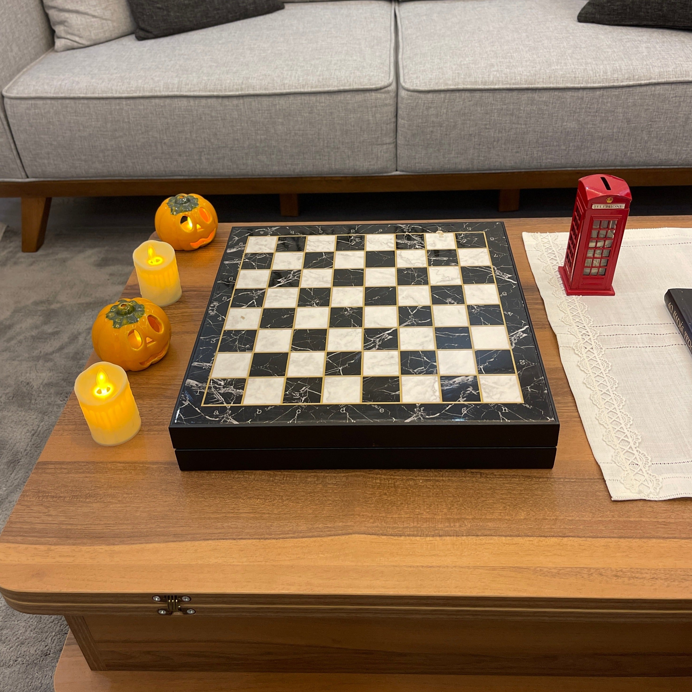 14" VIP Personalized Marble Patterned Chess Set With Classic Metal Chess Pieces