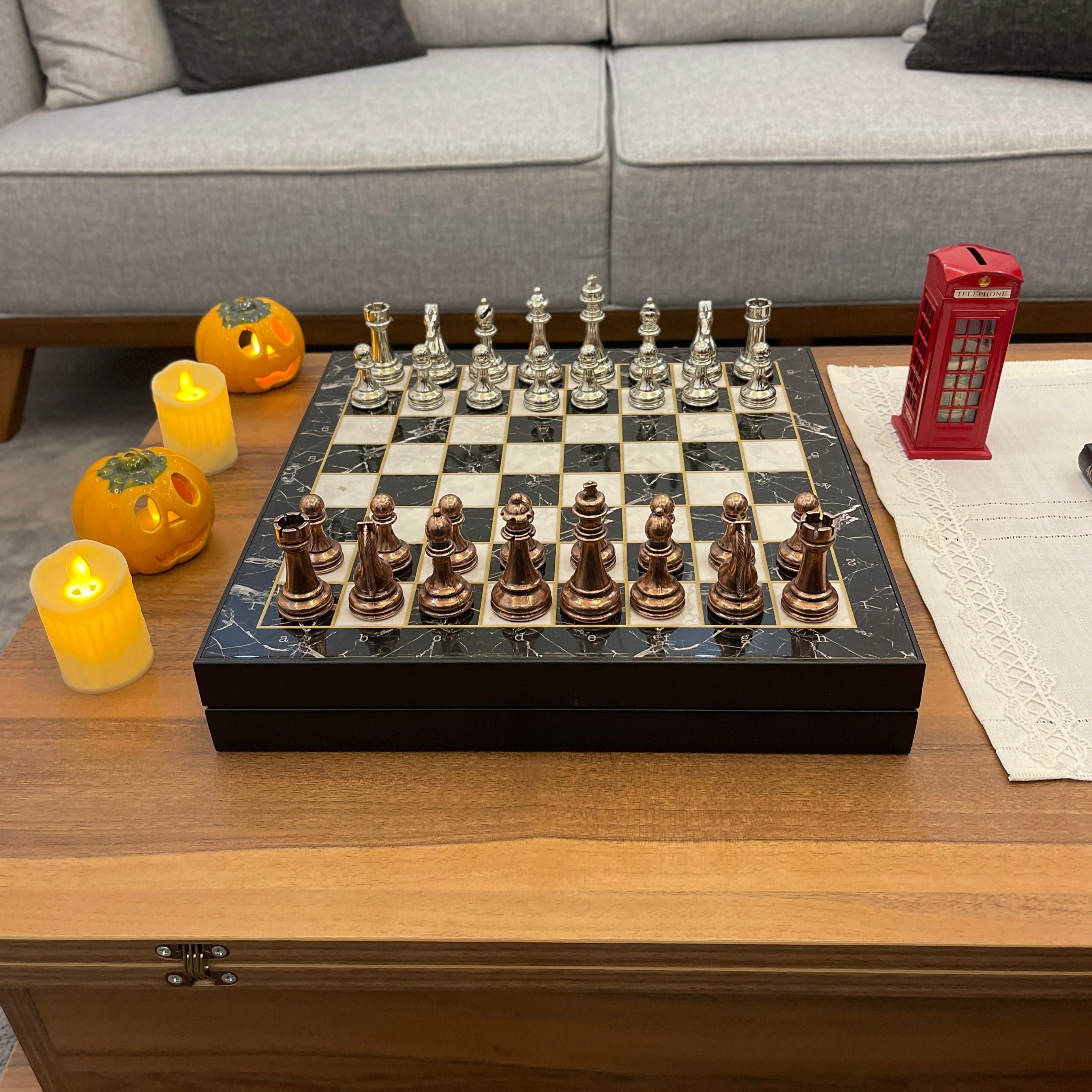 14" VIP Personalized Marble Patterned Chess Set With Classic Metal Chess Pieces