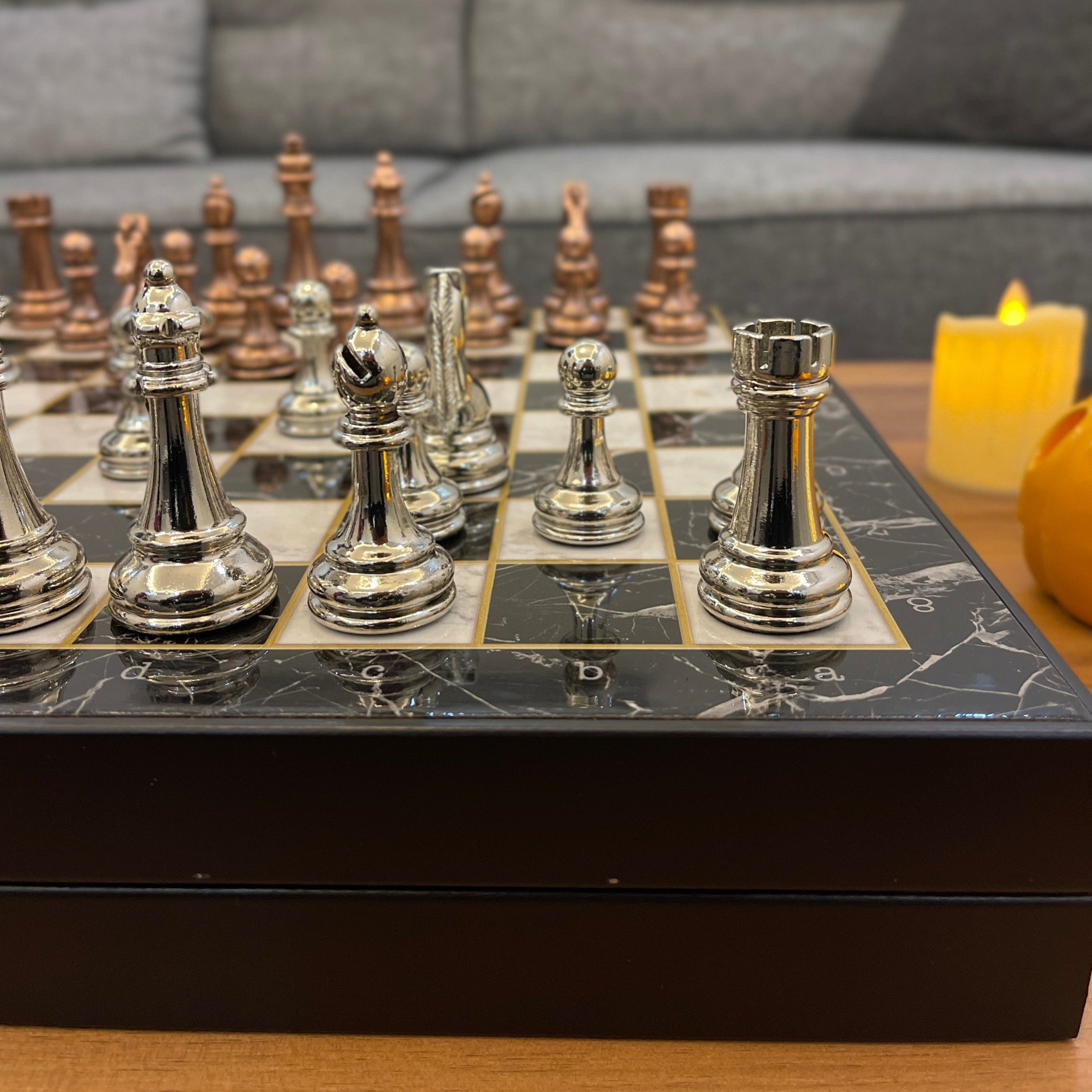 14" VIP Personalized Marble Patterned Chess Set With Classic Metal Chess Pieces