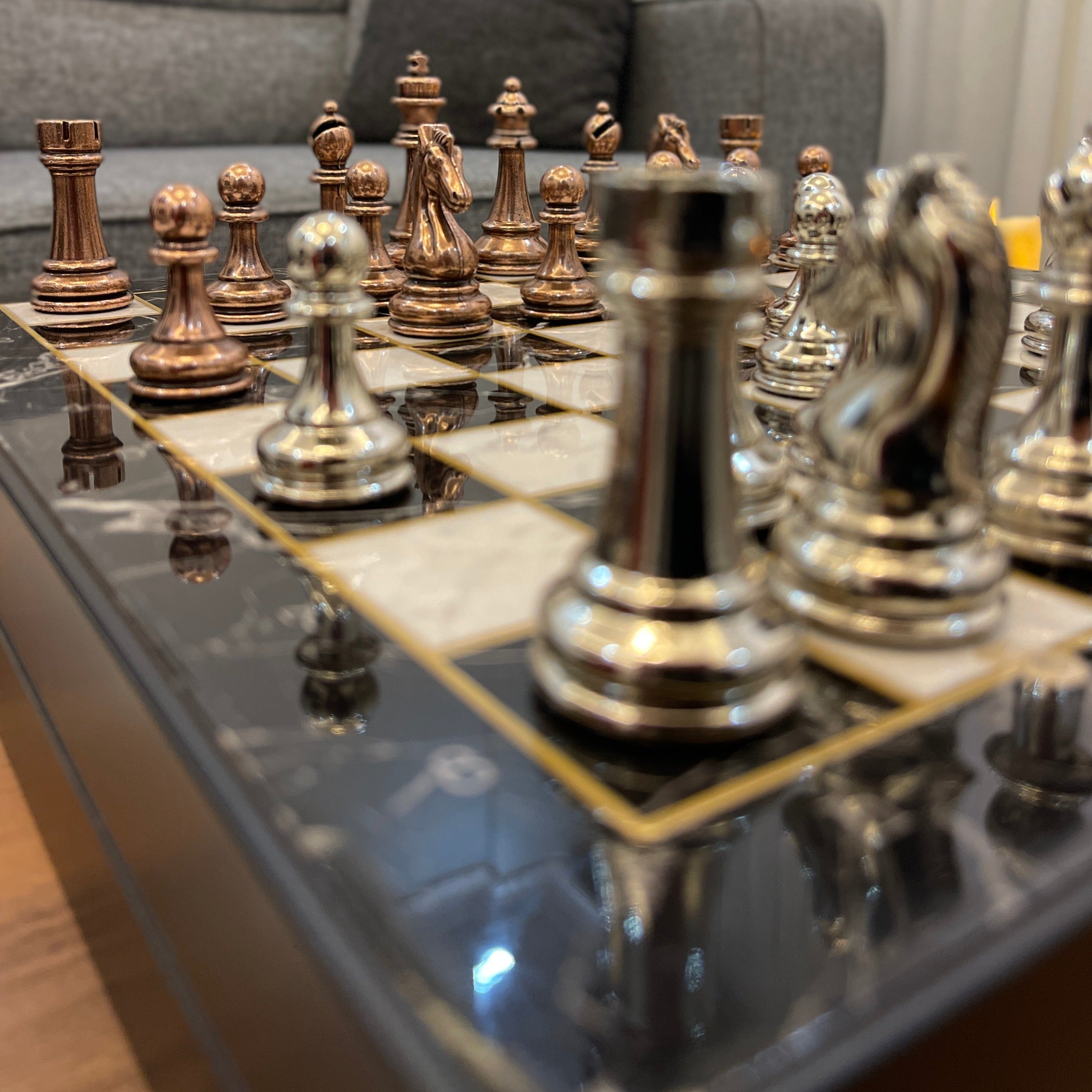 14" VIP Personalized Marble Patterned Chess Set With Classic Metal Chess Pieces