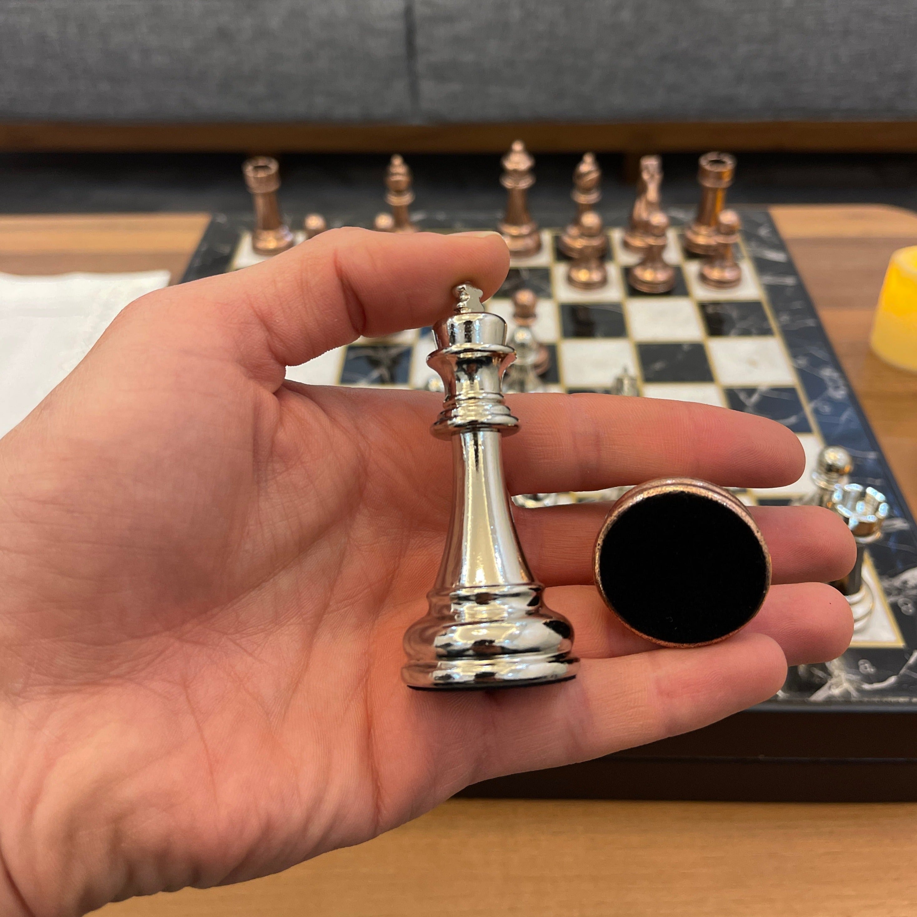 14" VIP Personalized Marble Patterned Chess Set With Classic Metal Chess Pieces