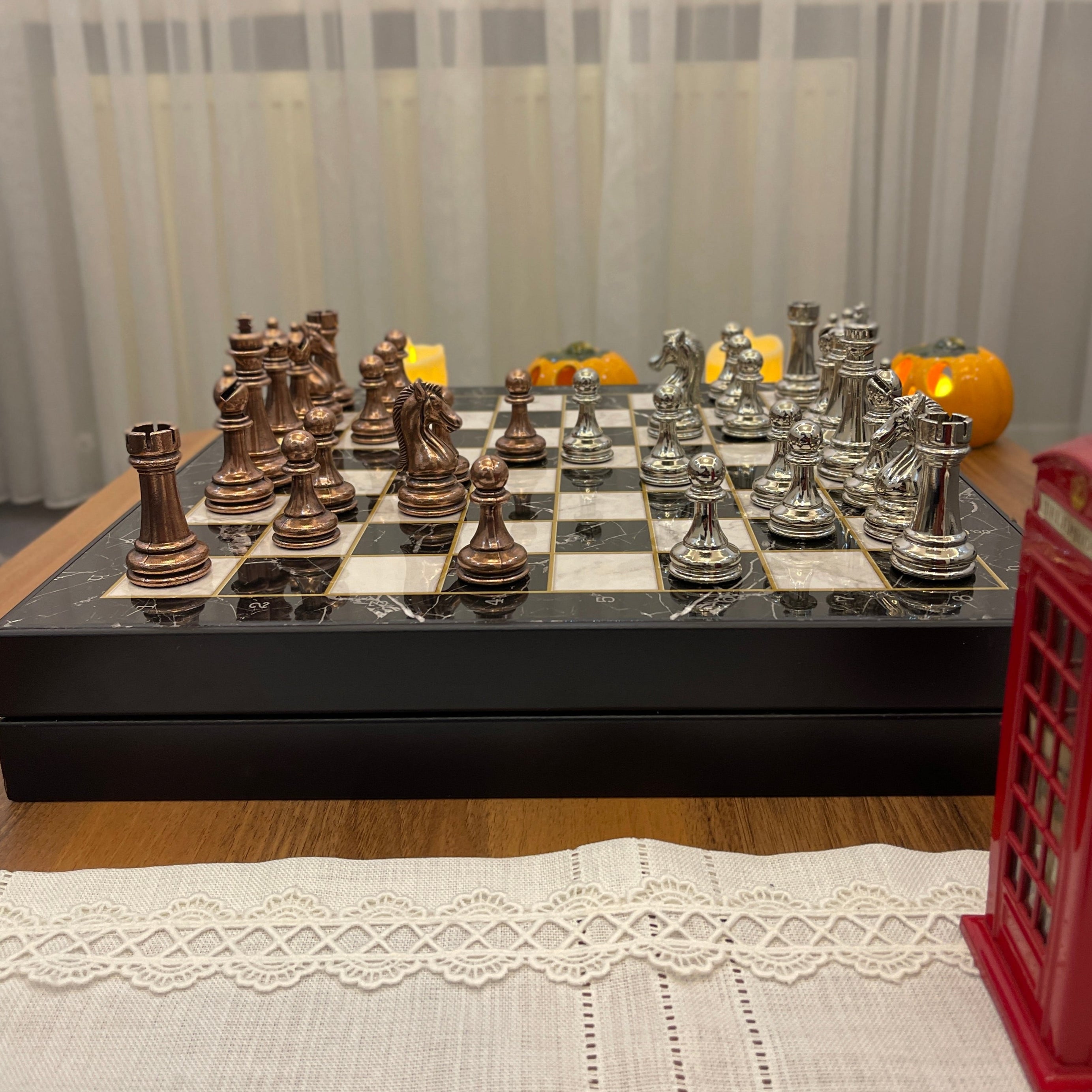 14" VIP Personalized Marble Patterned Chess Set With Classic Metal Chess Pieces