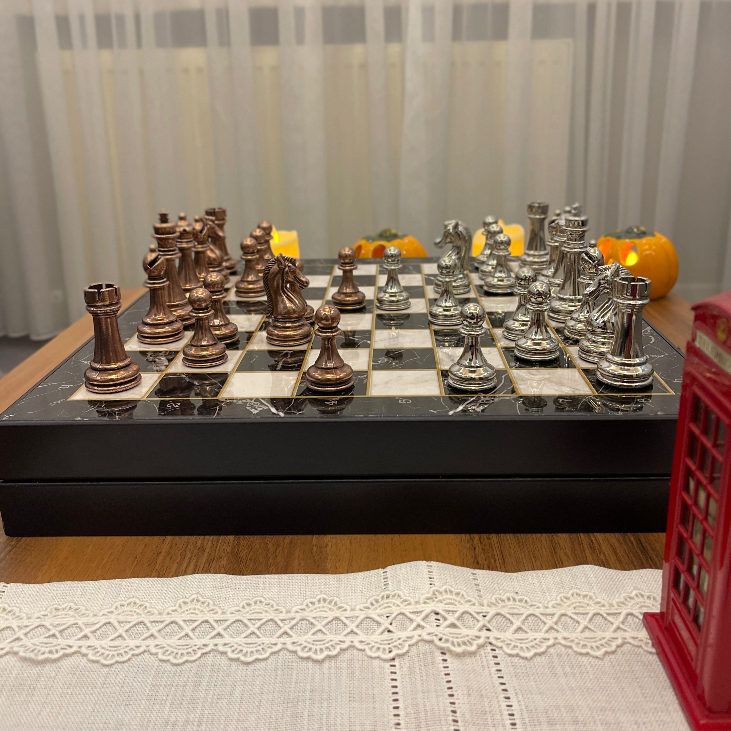 14" VIP Personalized Marble Patterned Chess Set With Classic Metal Chess Pieces