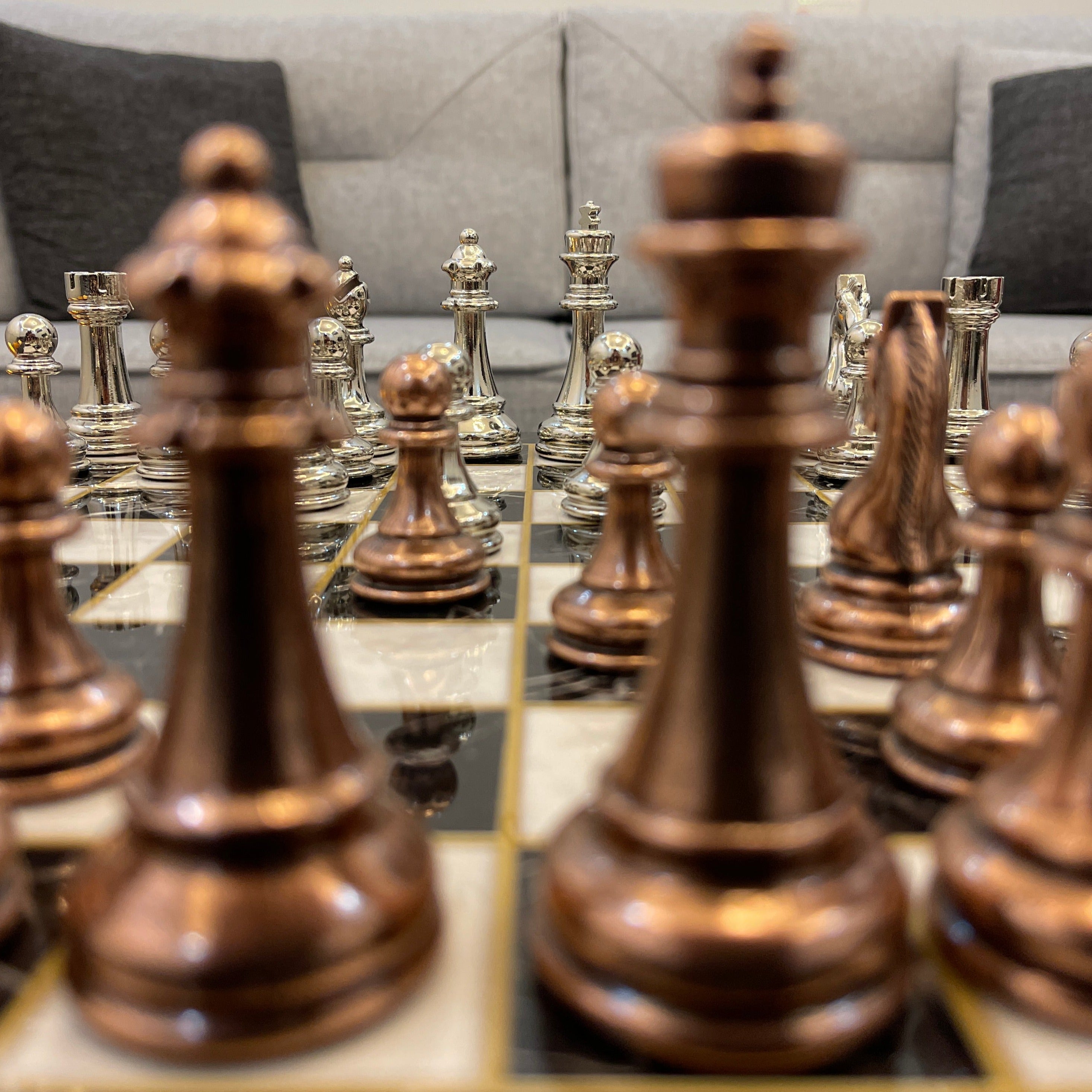 14" VIP Personalized Marble Patterned Chess Set With Classic Metal Chess Pieces