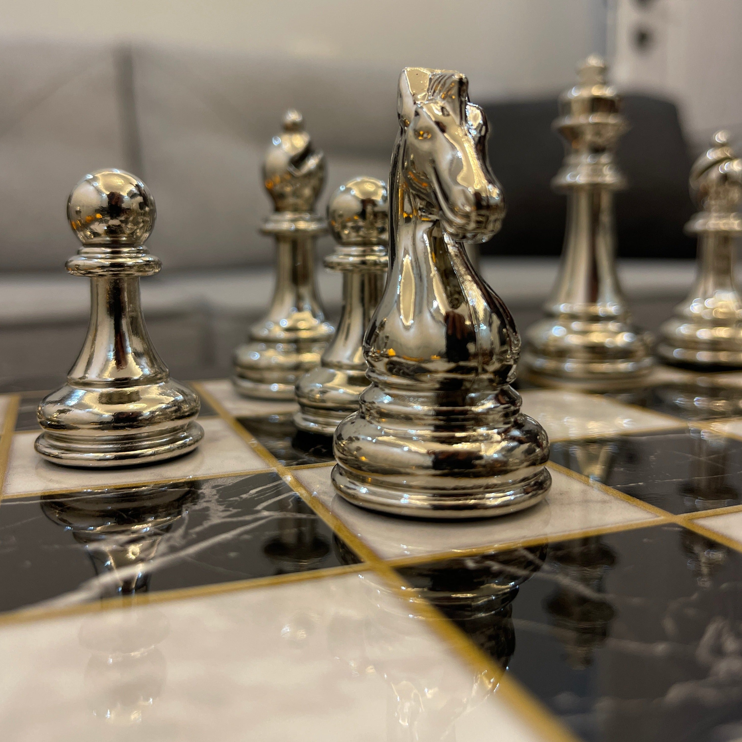 14" VIP Personalized Marble Patterned Chess Set With Classic Metal Chess Pieces