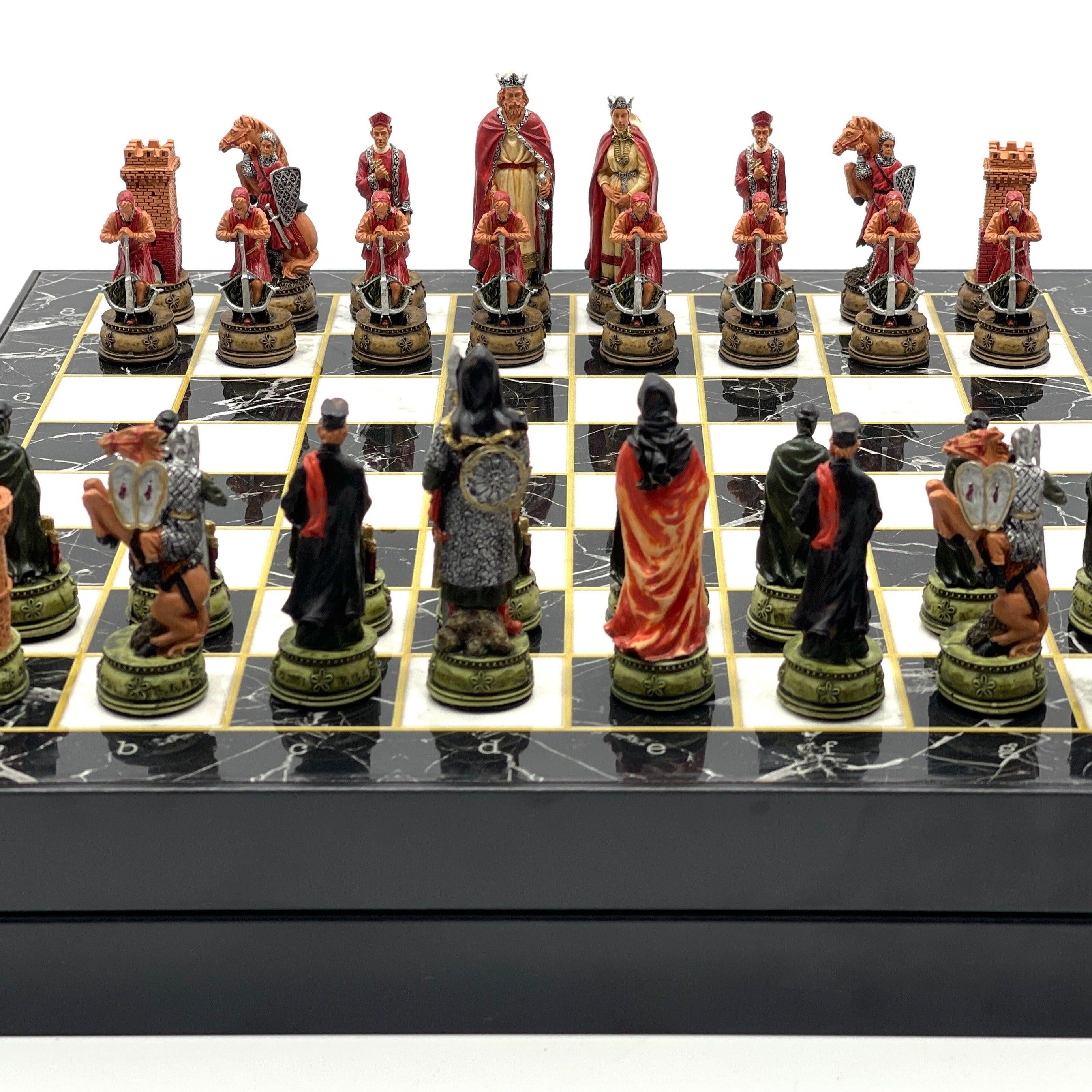 VIP Personalized Marble Patterned Folding Chess Set with Camelot & Arthur Polyester Chess Pieces - AsyaWoodArt