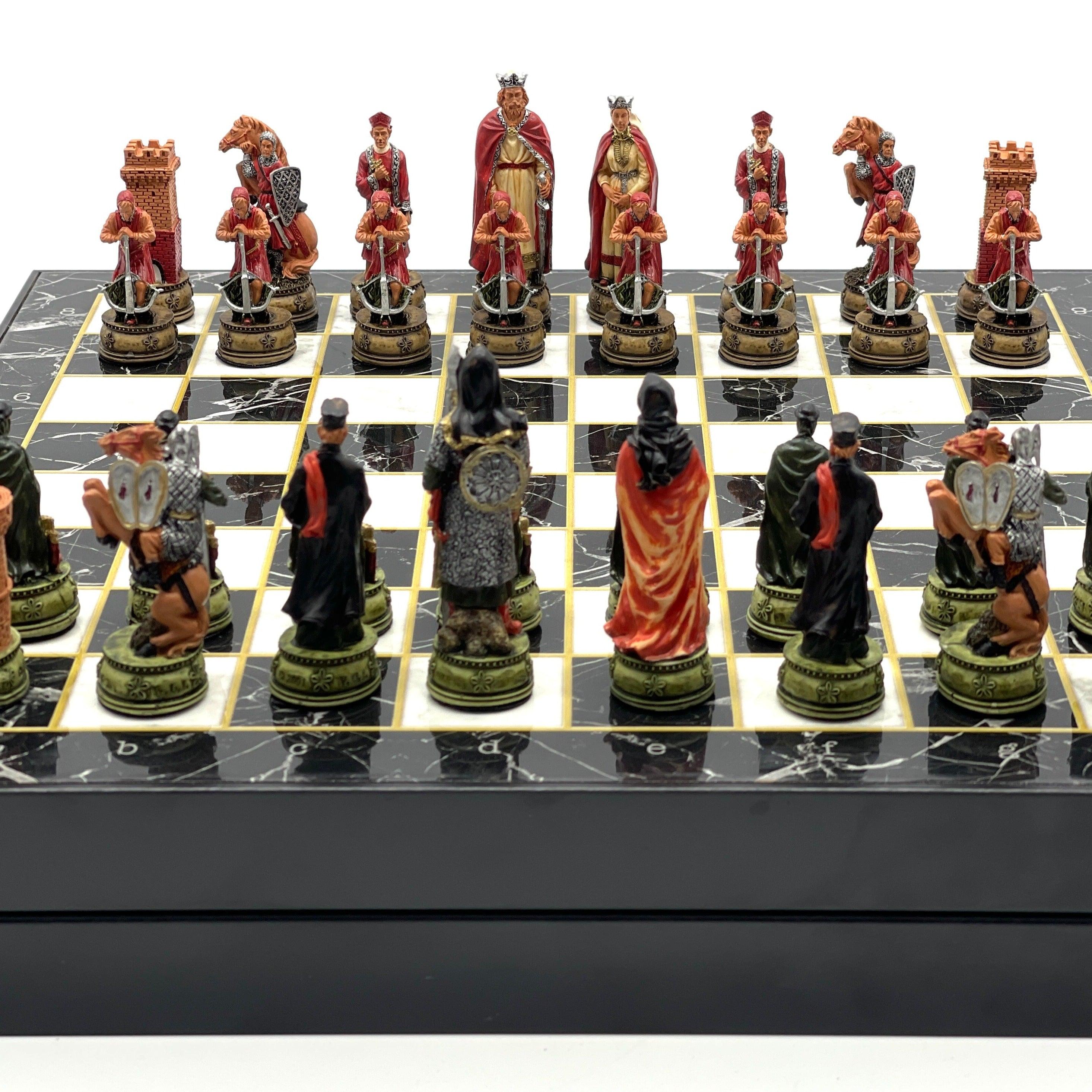 VIP Personalized Marble Patterned Folding Chess Set with Camelot & Arthur Polyester Chess Pieces - AsyaWoodArt