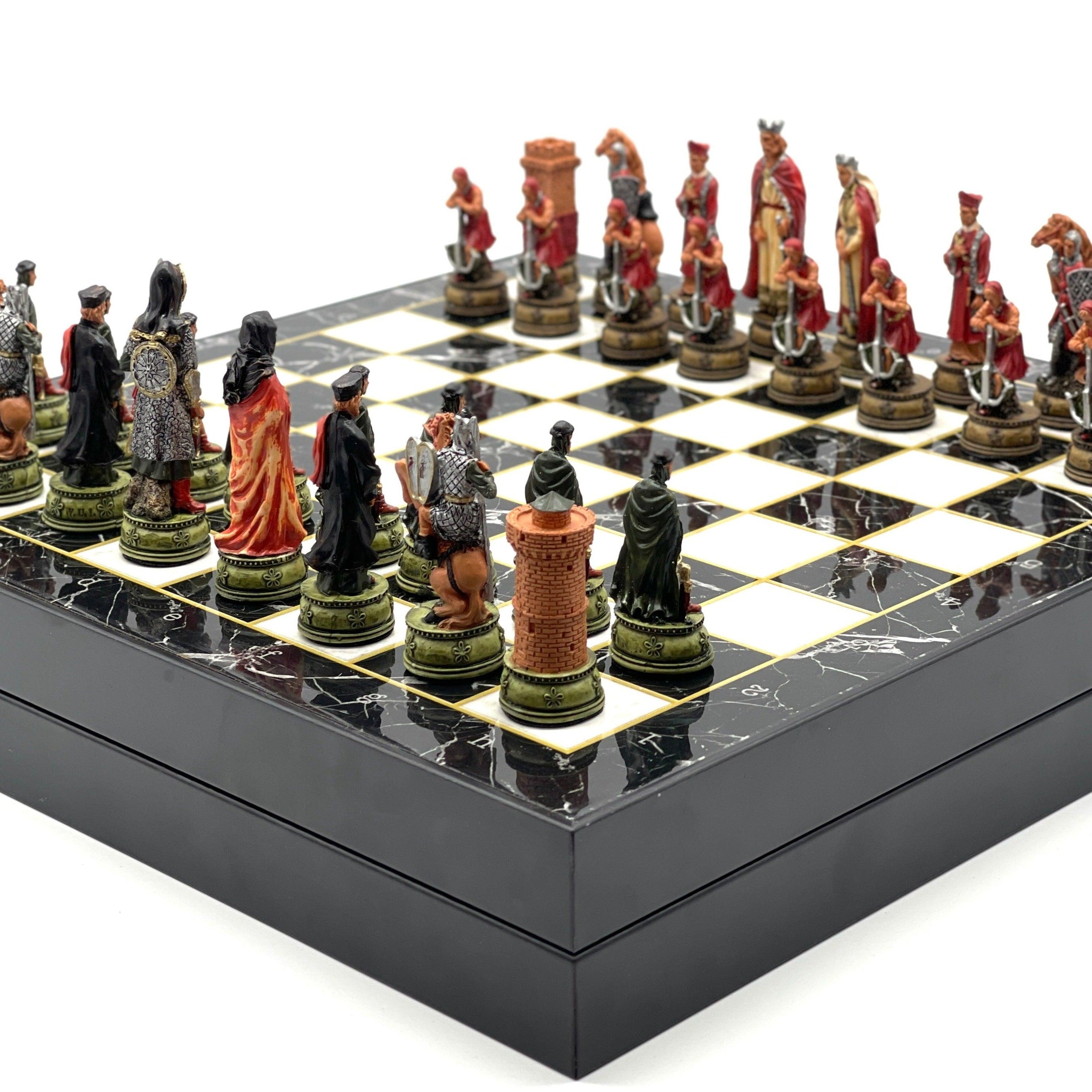 VIP Personalized Marble Patterned Folding Chess Set with Camelot & Arthur Polyester Chess Pieces - AsyaWoodArt