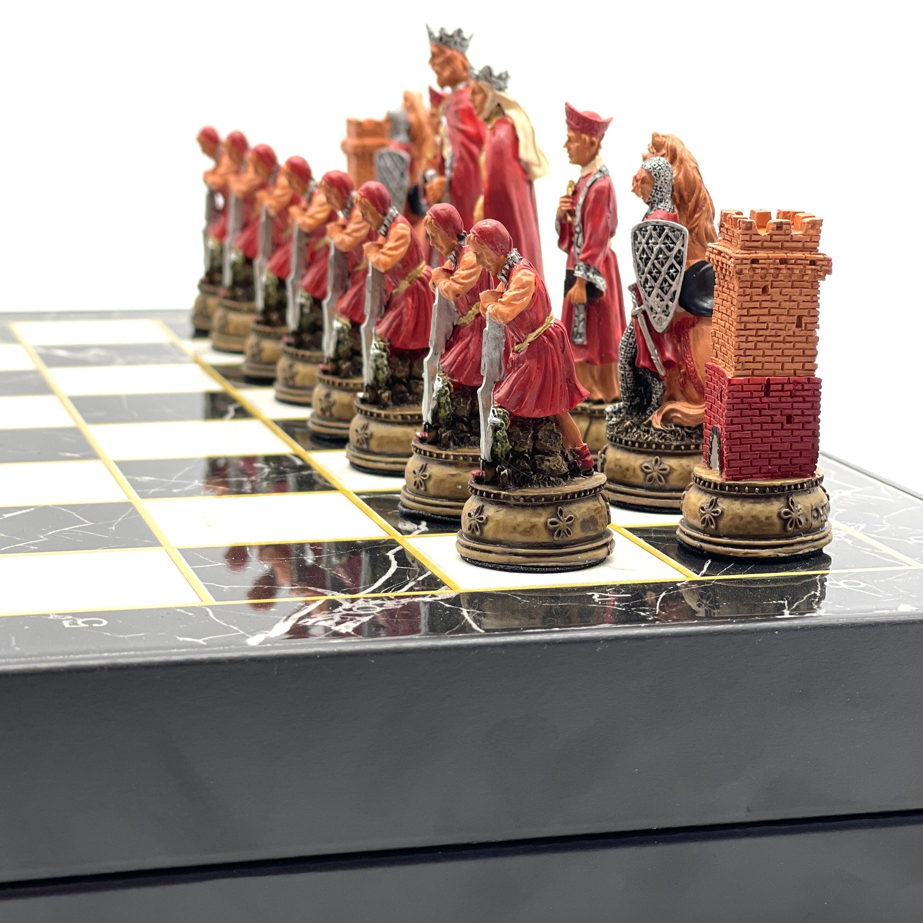 VIP Personalized Marble Patterned Folding Chess Set with Camelot & Arthur Polyester Chess Pieces - AsyaWoodArt