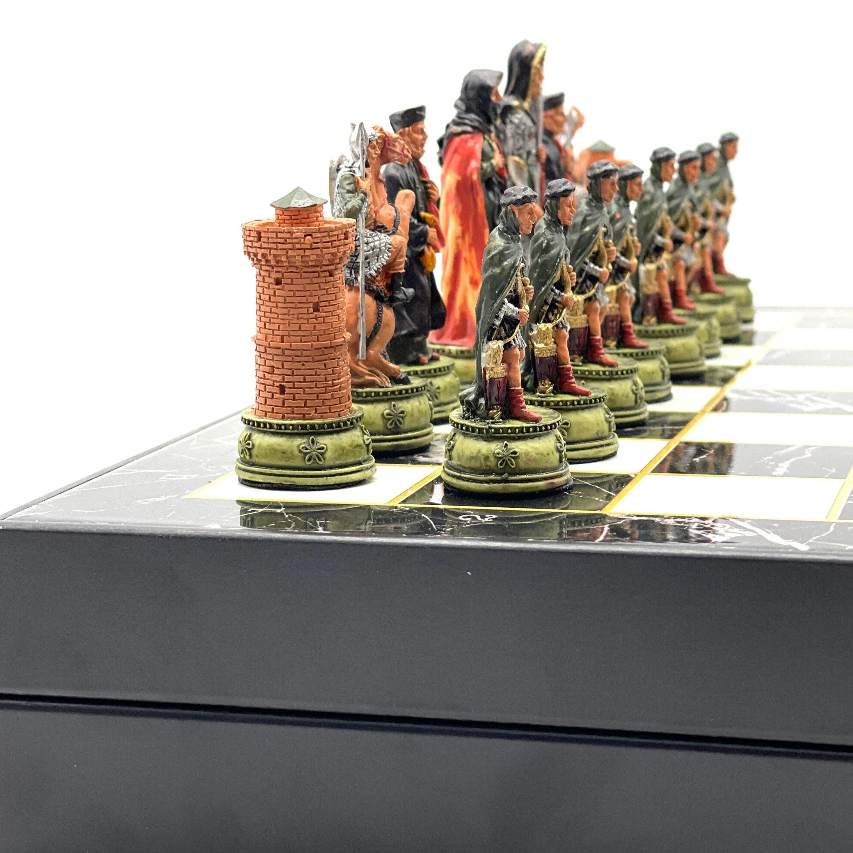 VIP Personalized Marble Patterned Folding Chess Set with Camelot & Arthur Polyester Chess Pieces - AsyaWoodArt