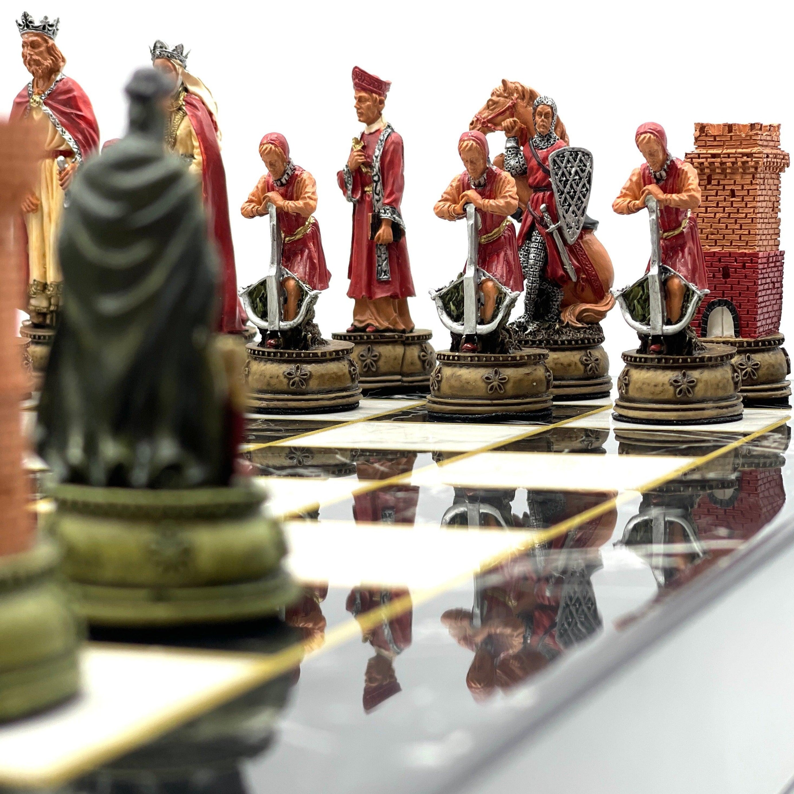 VIP Personalized Marble Patterned Folding Chess Set with Camelot & Arthur Polyester Chess Pieces - AsyaWoodArt