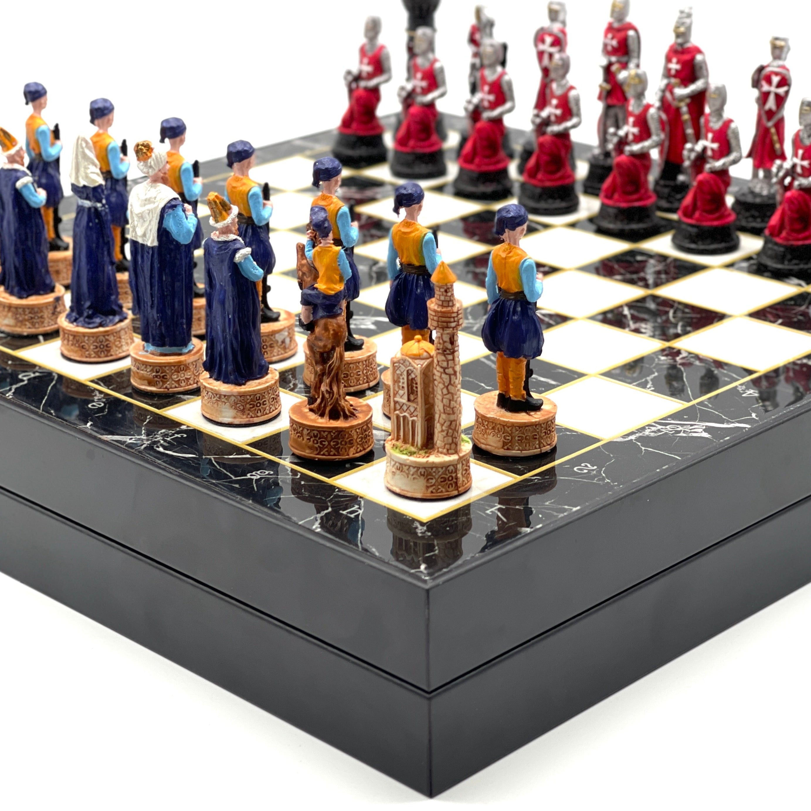 VIP Marble Patterned Folding Chess Set With Crusaders Polyester Chess Pieces