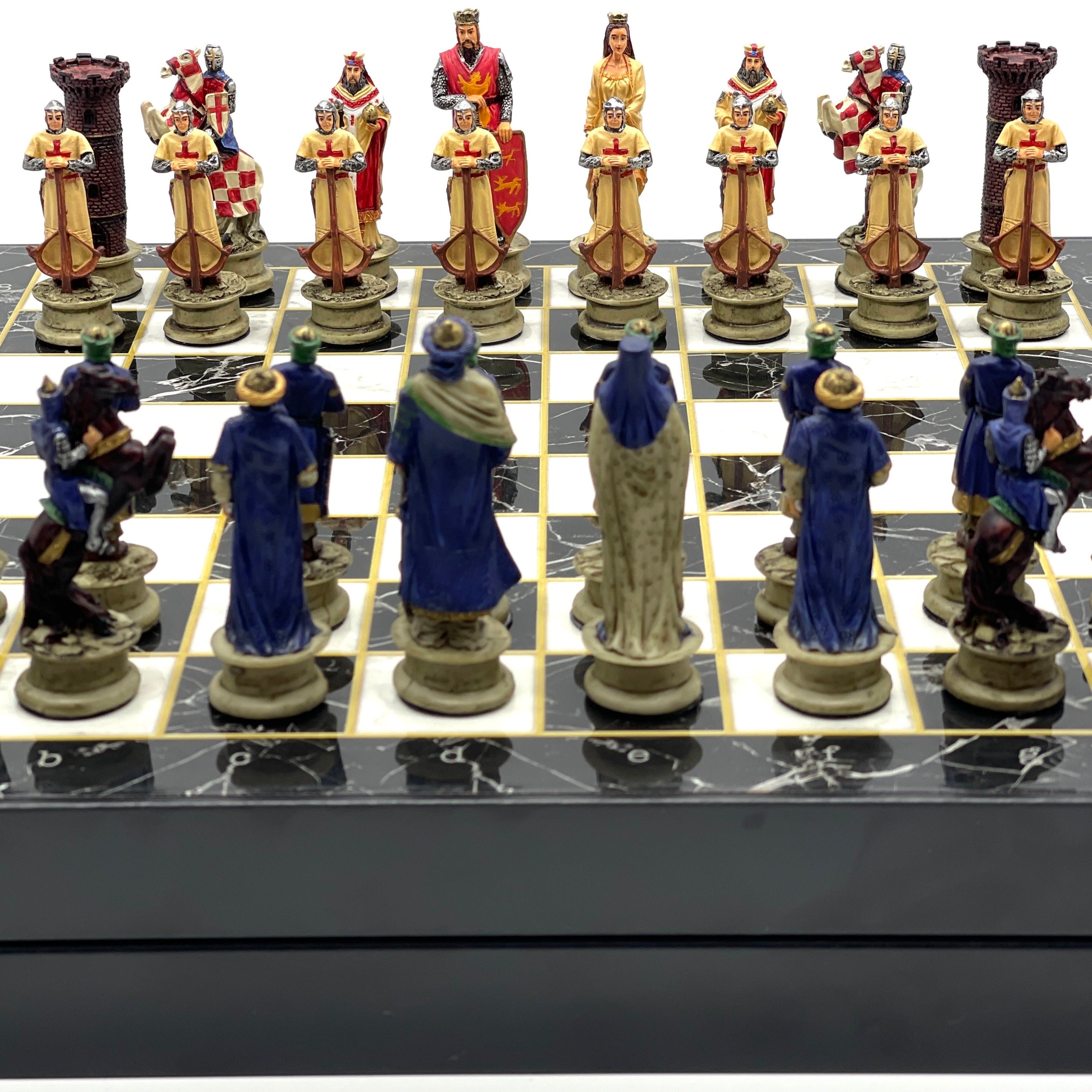 VIP Marble Patterned Folding Chess Set With Crusaders Polyester Chess Pieces