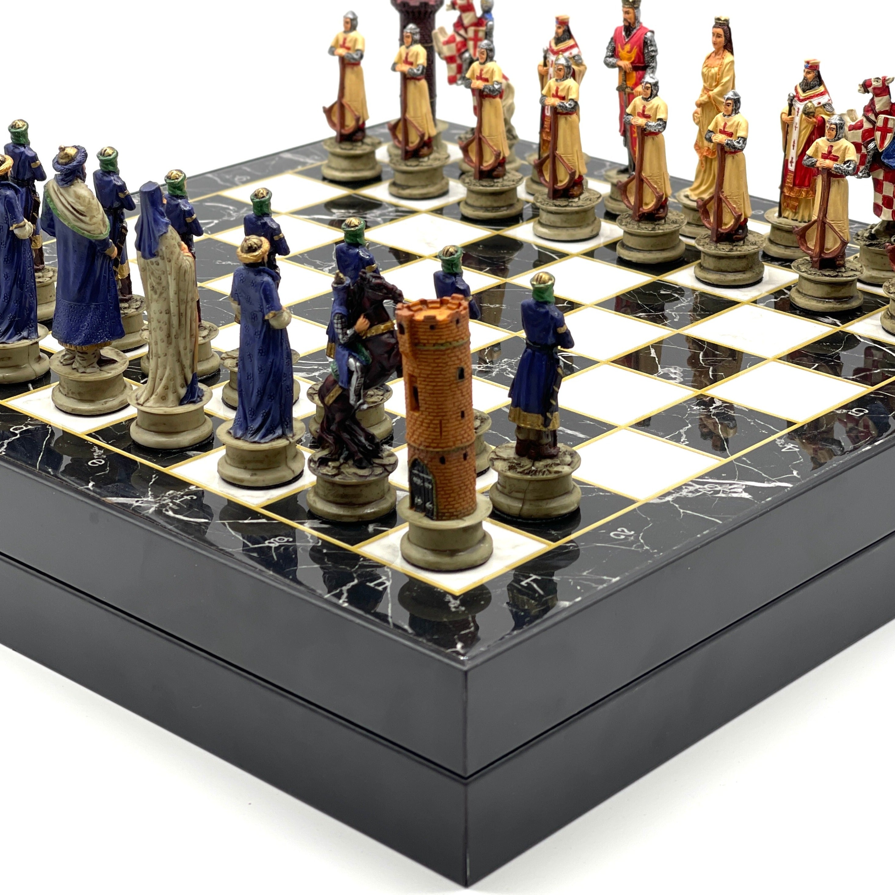 VIP Marble Patterned Folding Chess Set With Crusaders Polyester Chess Pieces